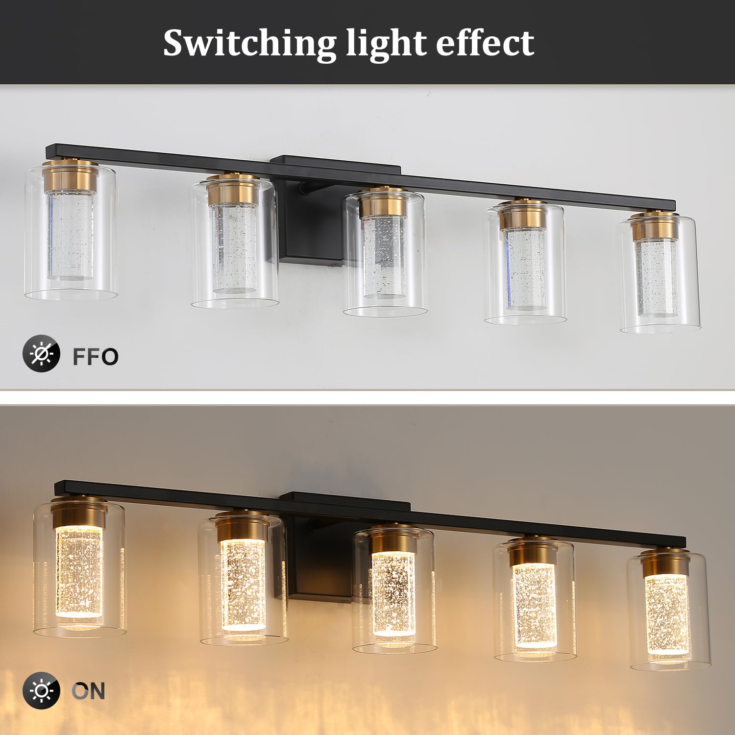 Emong 5-Light Black&Gold Bathroom Light Fixtures,Dimmable 5Cct Led Vanity Lights With Clear Glass,2700K-6500K Adjustable Crystal Bubble Black Bathroom Vanity Light Over Mirror For Hallway