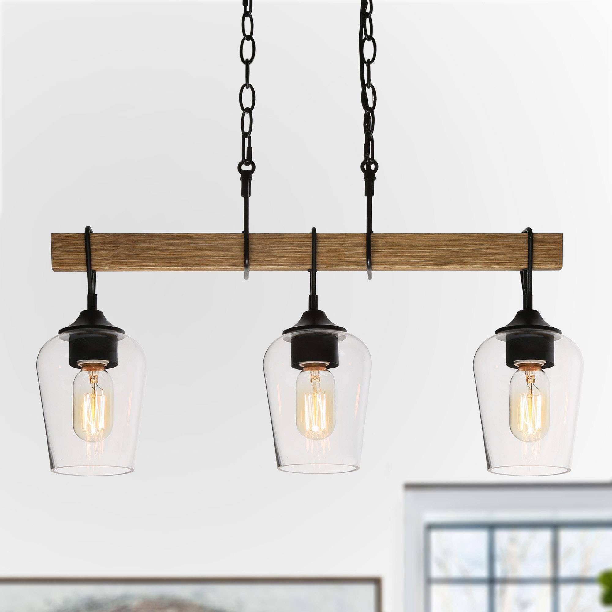 KSANA Farmhouse Chandelier, Black Linear Chandelier for Living Room, Faux Wood Rustic Chandelier with Clear Glass for Dining Roo