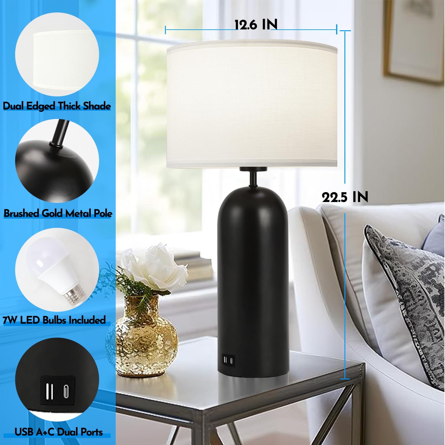 MoMyofdy 22-inch Table Lamps Set of 2 - Black & White Touch Control, 3-Way Dimmable, USB A+C Ports for Bedroom or Living Room