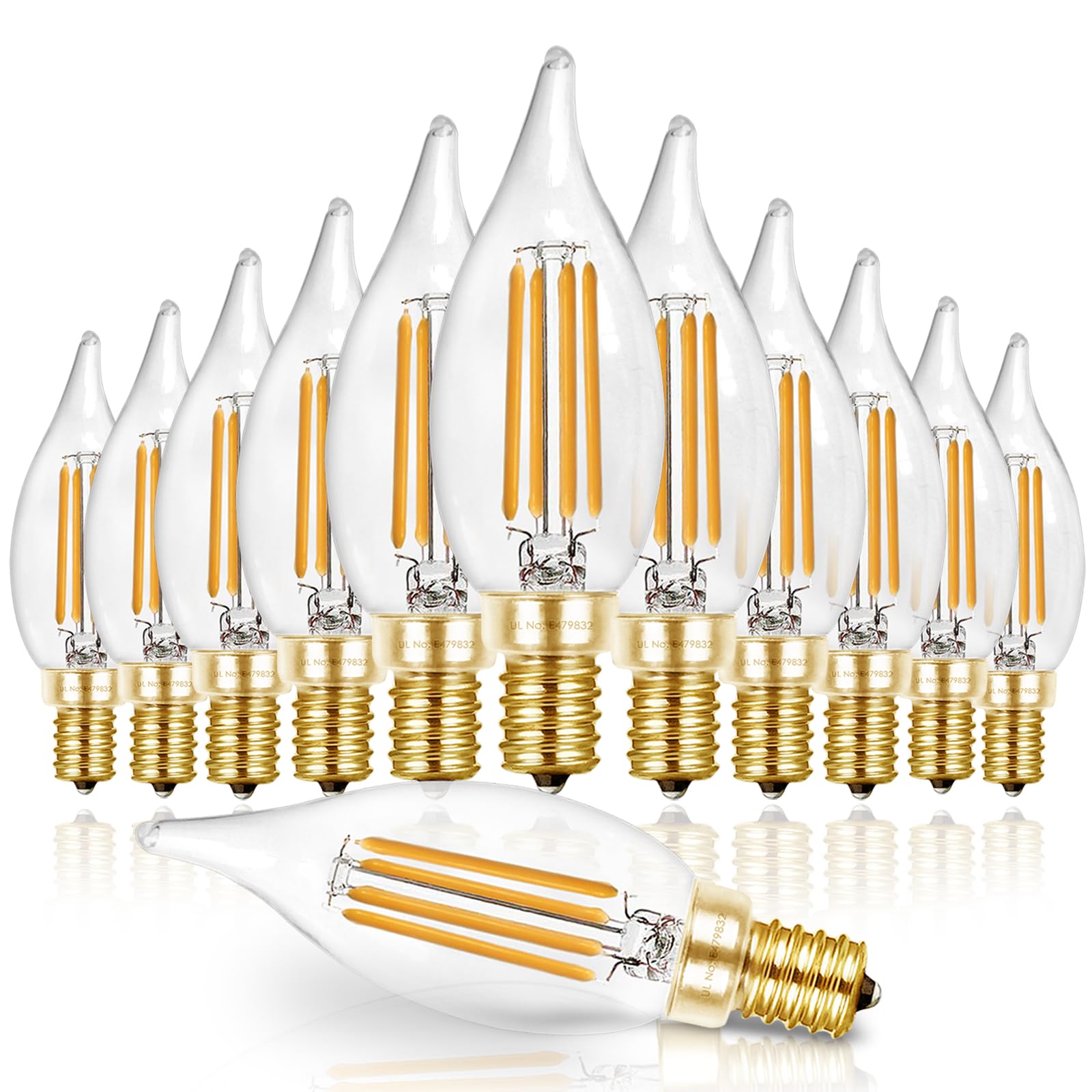 Hizashi LED Candelabra Bulbs 60 watt Equivalent 2700K Soft Warm White, Dimmable Chandelier Light Bulbs, 90+ CRI 6W 550LM, CA11 Flame Tip E12 LED Candle Bulb, UL Listed - 12 Pack