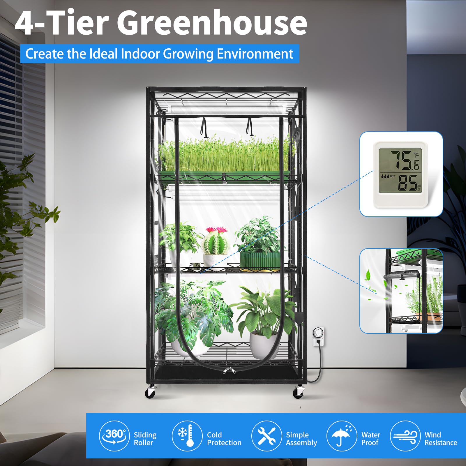 JESLED Indoor Greenhouse with Grow Light, 5000K LED, 23.6x13.8x59in, Black, Model JD0519BB, Built-in Timer & Therm