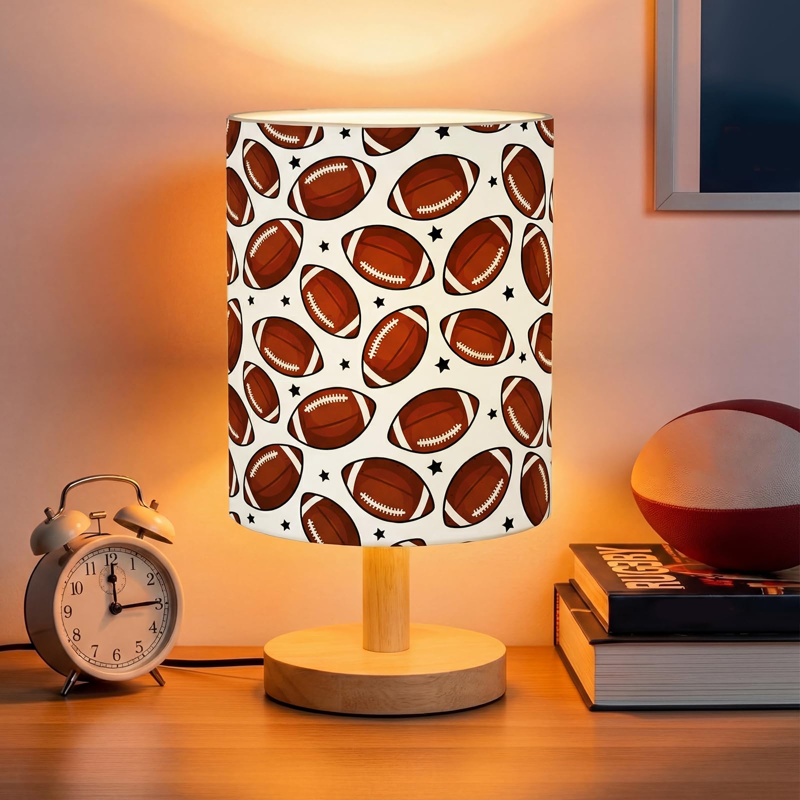 VIHOSE Football Kids Table Lamp for Bedroom Kids Bedside Lamp with Linen Wooden Nightstand Cartoon Nursery Lampshade for Girls B