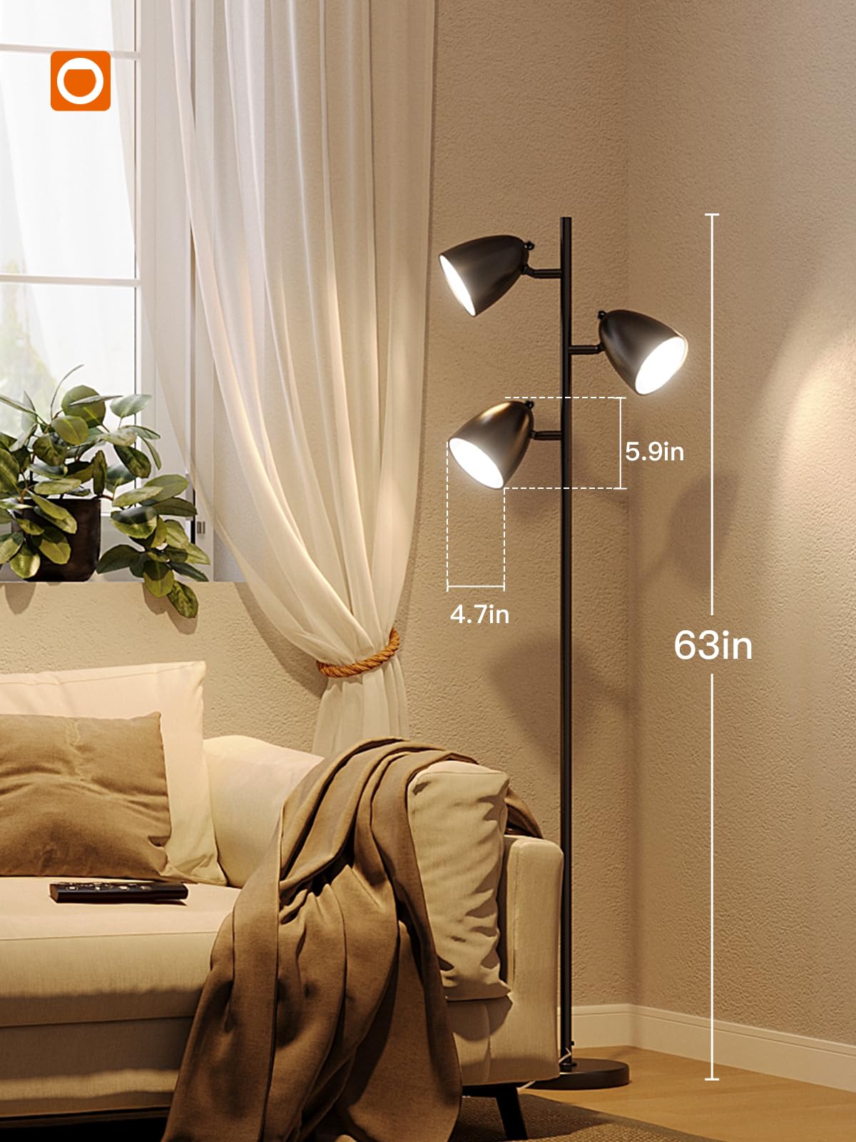 Addlon Tree Floor Lamp With Remote, 3 Adjustable Rotating Light And Matching Led Bulbs, Standing Tall Pole Lamps For Living Room