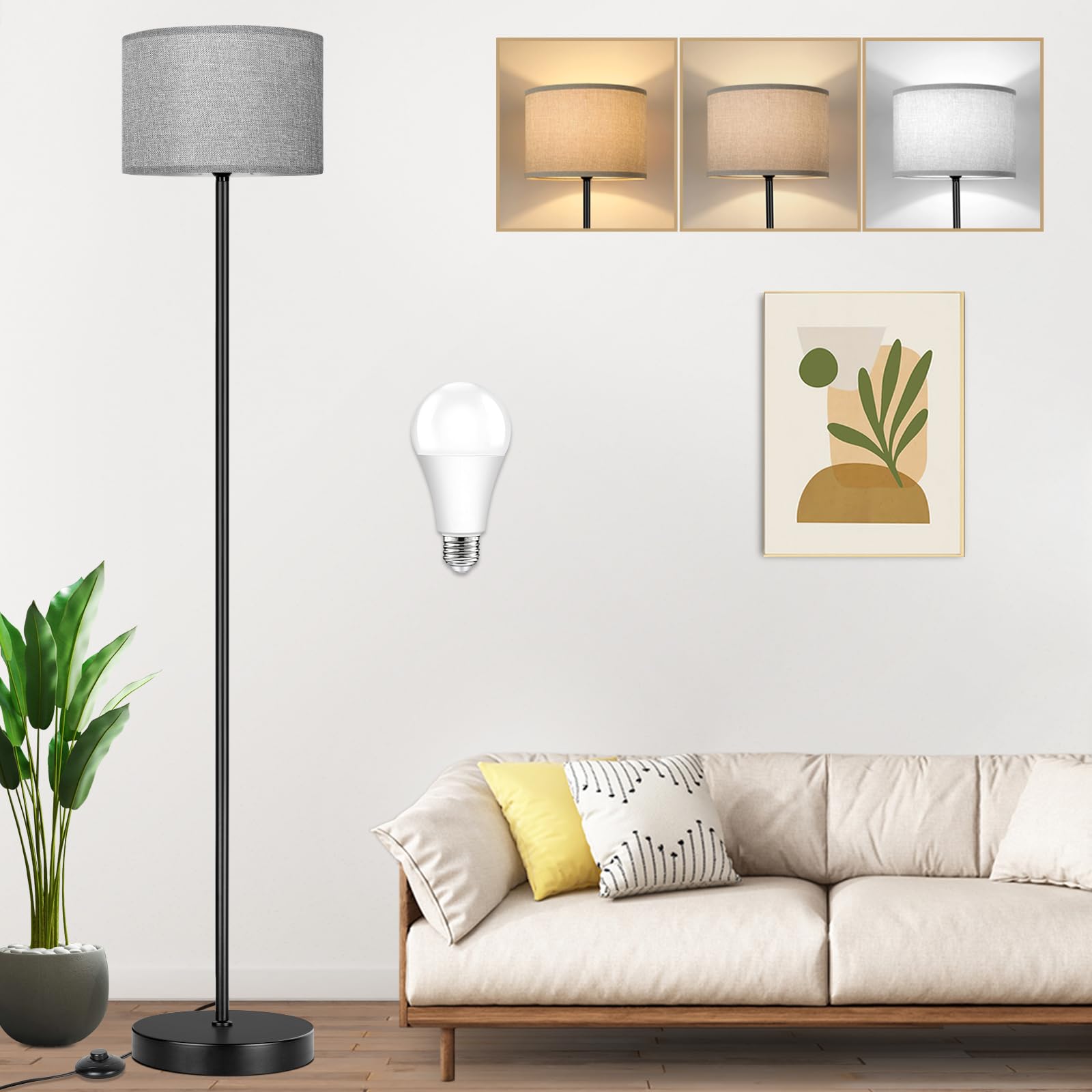 65? Tall Floor Lamp for Bedroom, Living Room Pole Floor Light with Grey Shade, Dimmable Standing Floor Lamp with 3-Color Changin