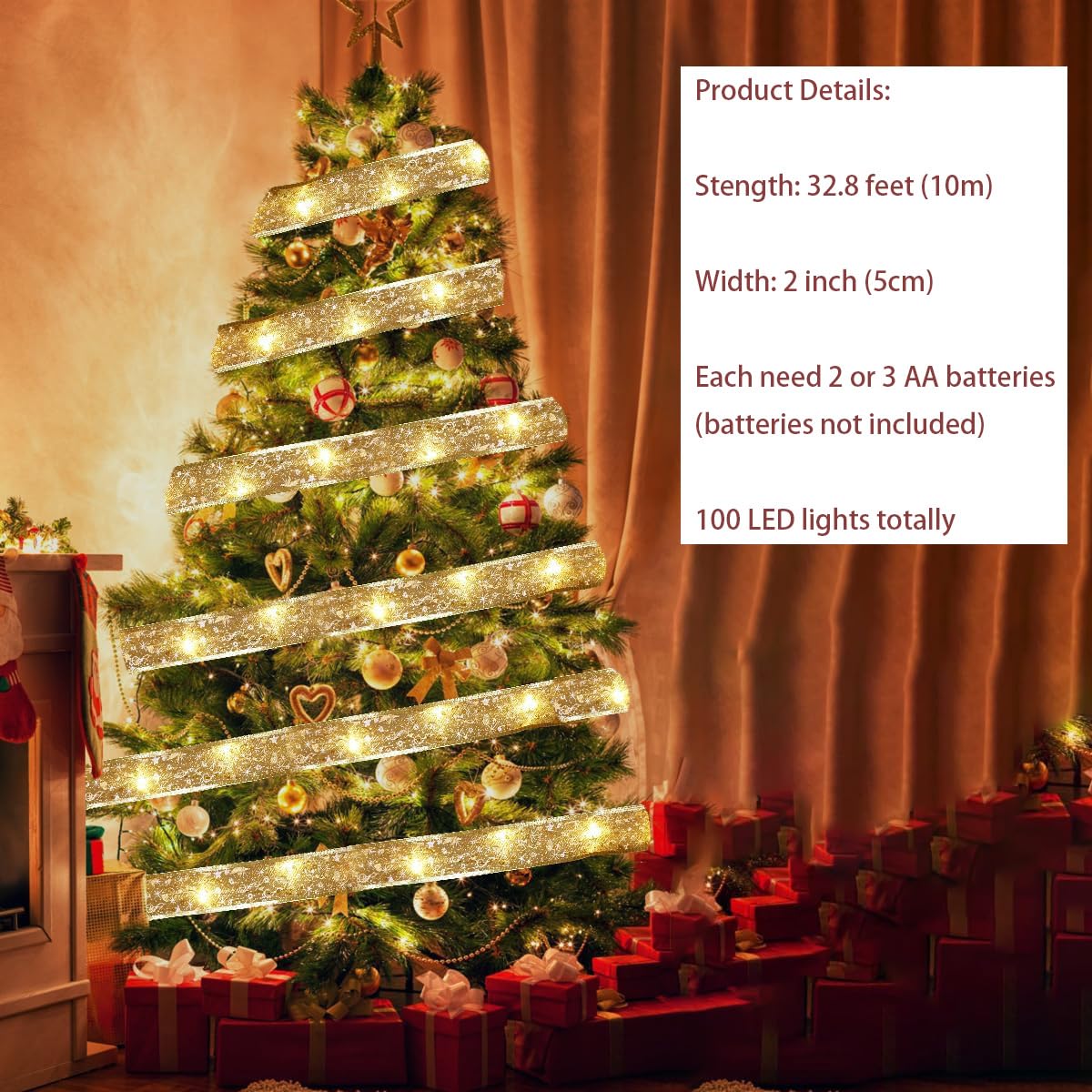 Christmas Tree Decorations Ribbon Lights, 32Ft 100 Led String Lights, Battery-Powered Copper Wire Christmas Tree Ribbon Lights For Holiday Party Weddings Indoor Christmas Tree Decorations (Gold)