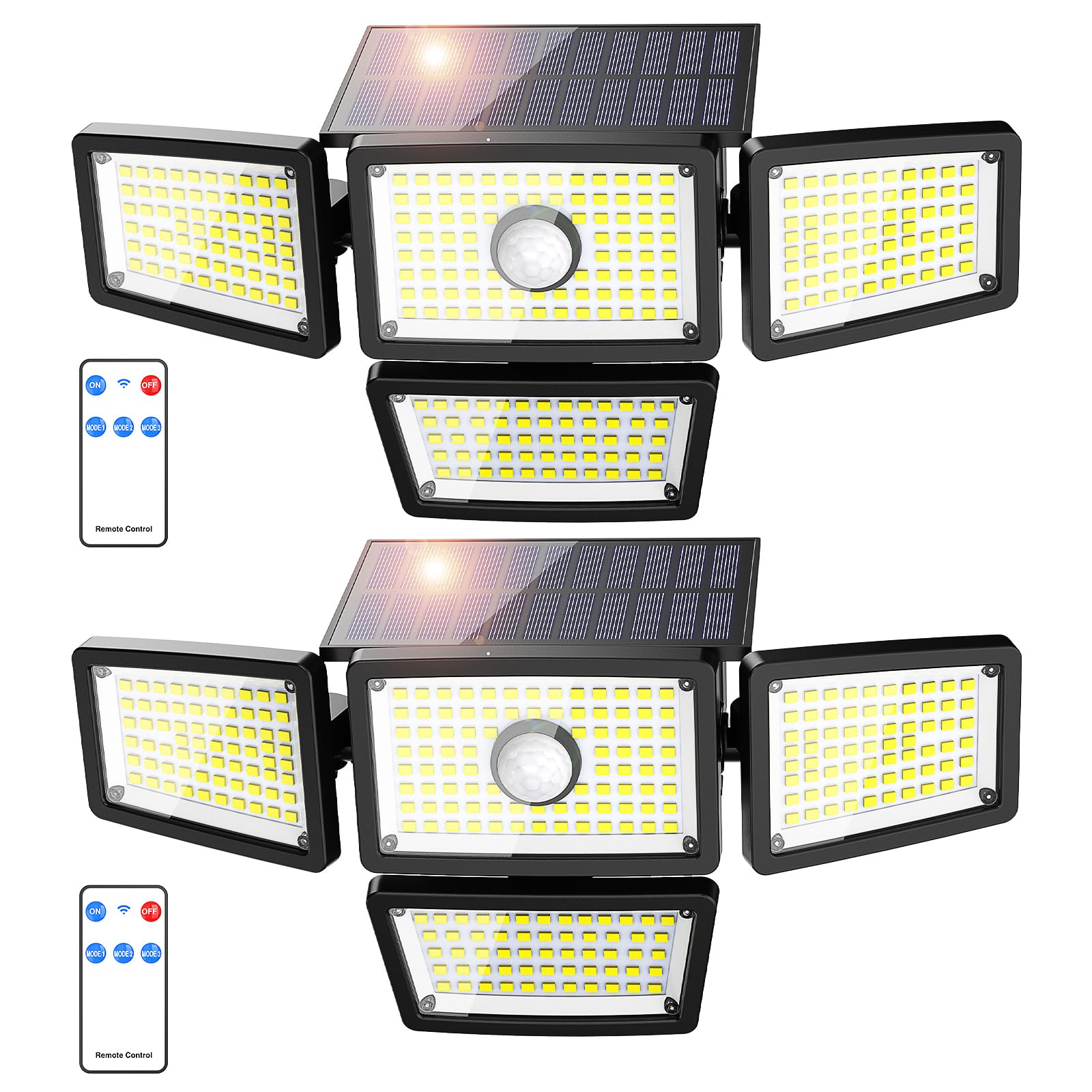 omibee Solar Lights Outdoor 3000LM, 4 Adjustable Heads, IP65 Waterproof, Remote Control, Black, Model OEE214A05, 2 Pack