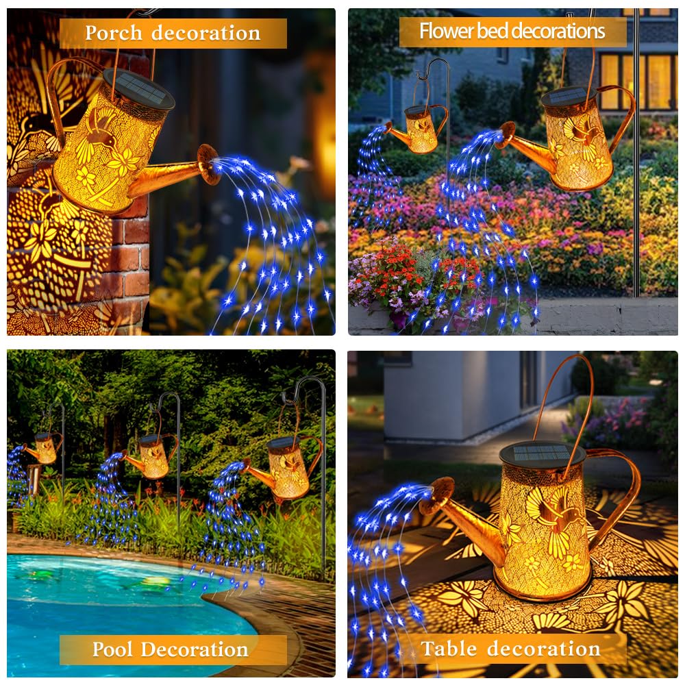 YJFWAL Solar Watering Can Lights, Hummingbird Design, Metal, Waterproof, Blue, 1-Pack Garden Decor for Outdoor Patio and Yard