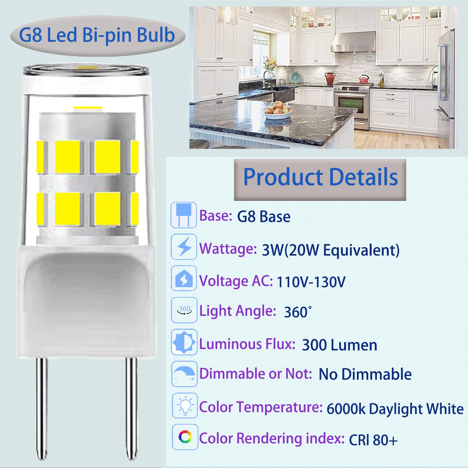 GFLSD G8 LED Bulb, 3W Halogen Replacement, Daylight White 6000K, GY8.6 Base, 5-Pack for Microwave & Kitchen Lighting