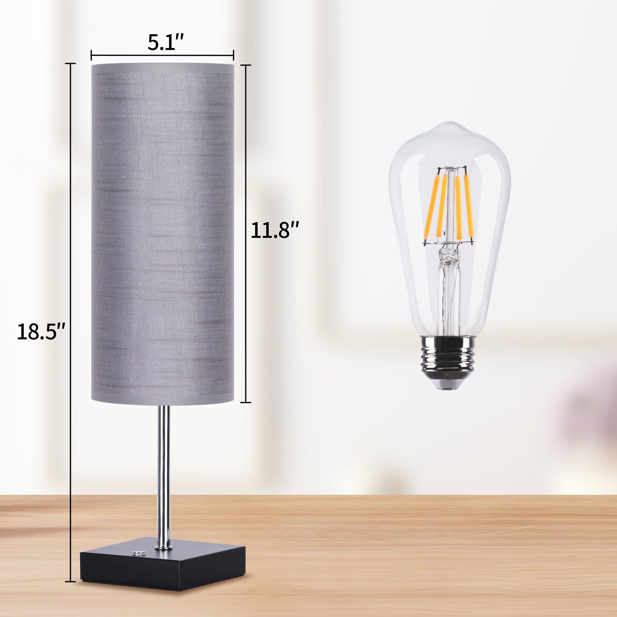 PLMMY 18-Inch Cordless Table Lamp, Rechargeable Touch Control, Dimmable, Gray Linen Fabric Shade, Battery Operated for Home and Office