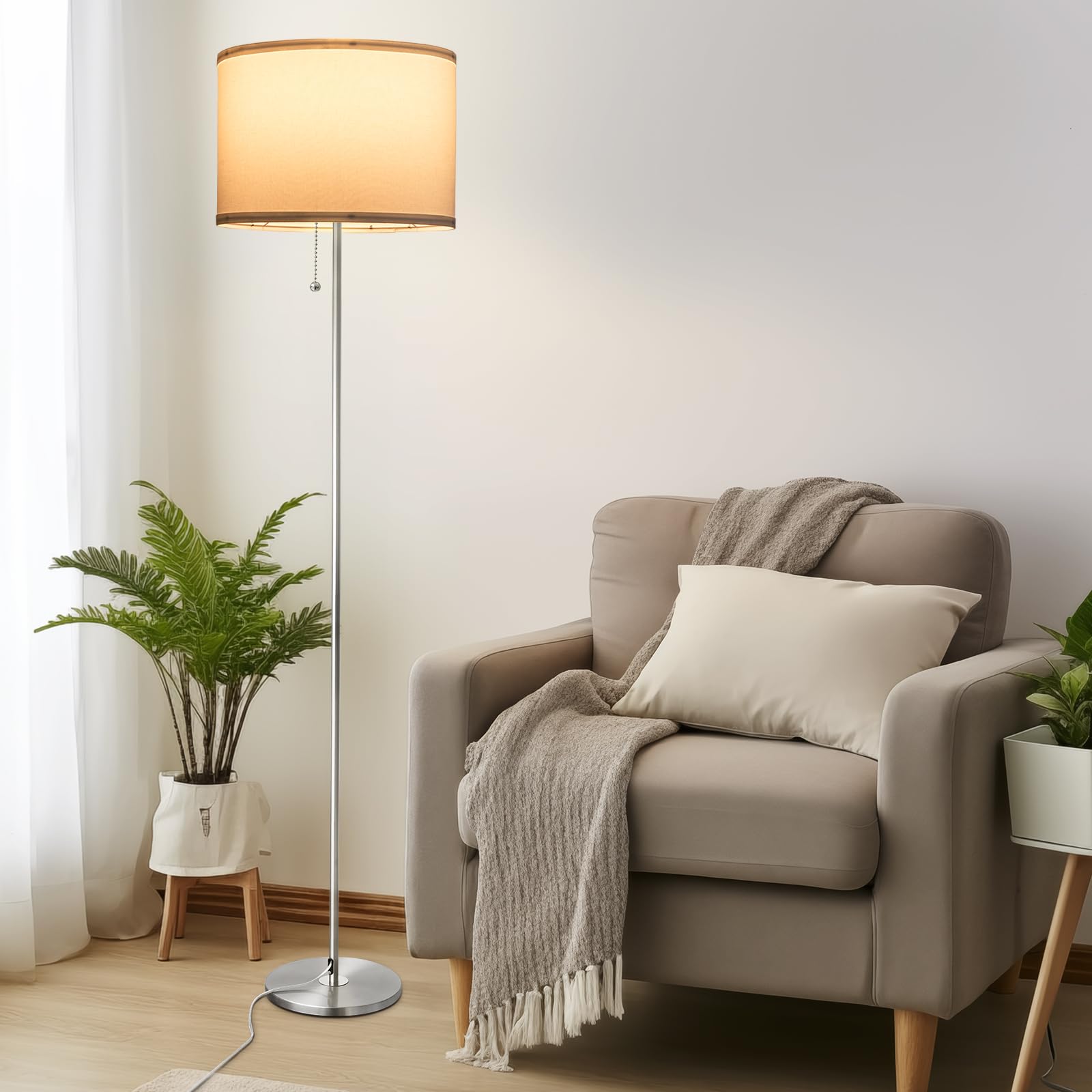 Velxee Floor Lamp, Modern Standing Lamps For Living Room With Led Bulb, 3 Color Temperature Simple Design Tall Lamps With Pull Chain Switch, Silver Pole Lamp With Lampshade For Office Reading