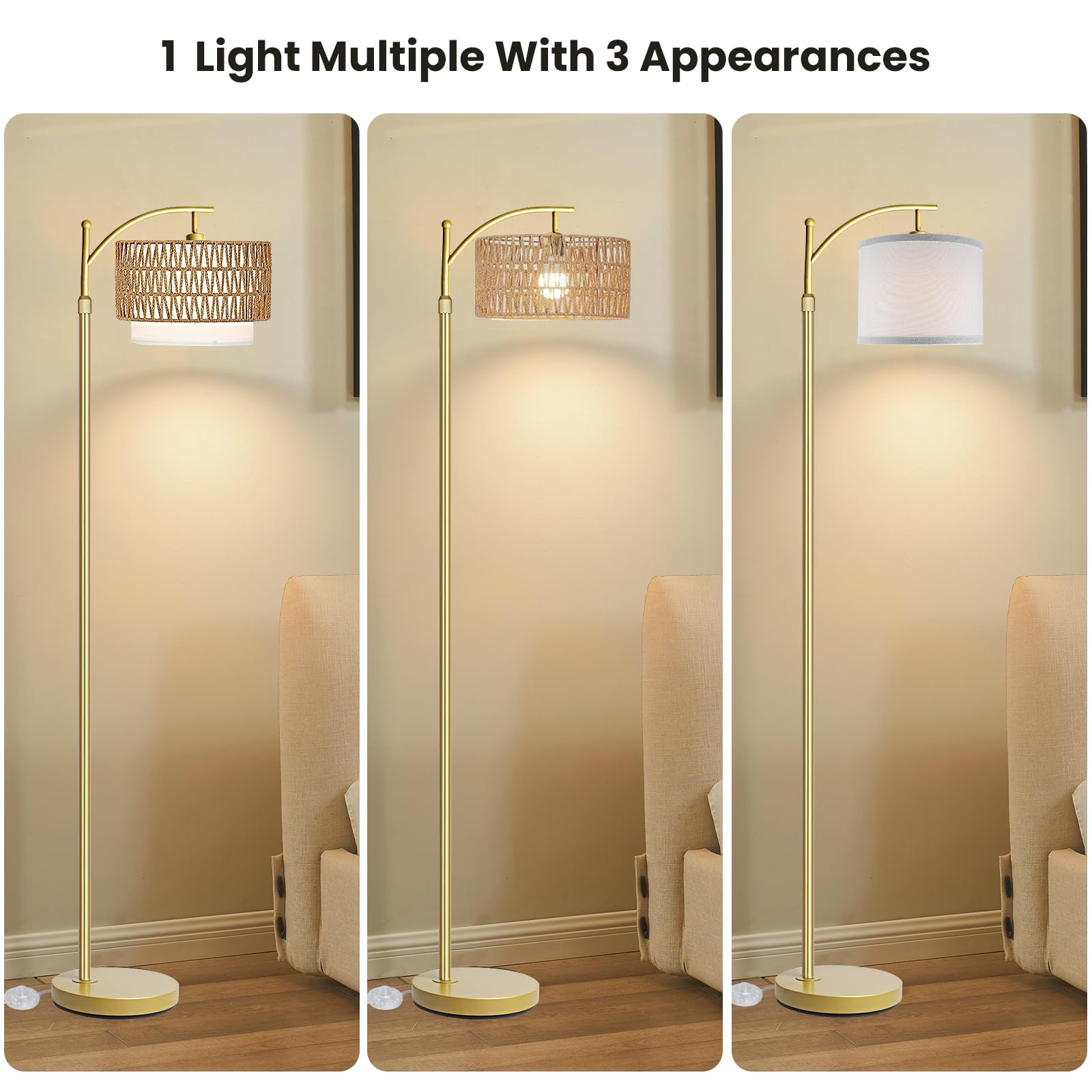 Yusist Arc Floor Lamp For Living Room,Gold Floor Lamps With Remote Control & Dimmable Bulb,Rattan Boho Tall Standing Lamp For Be