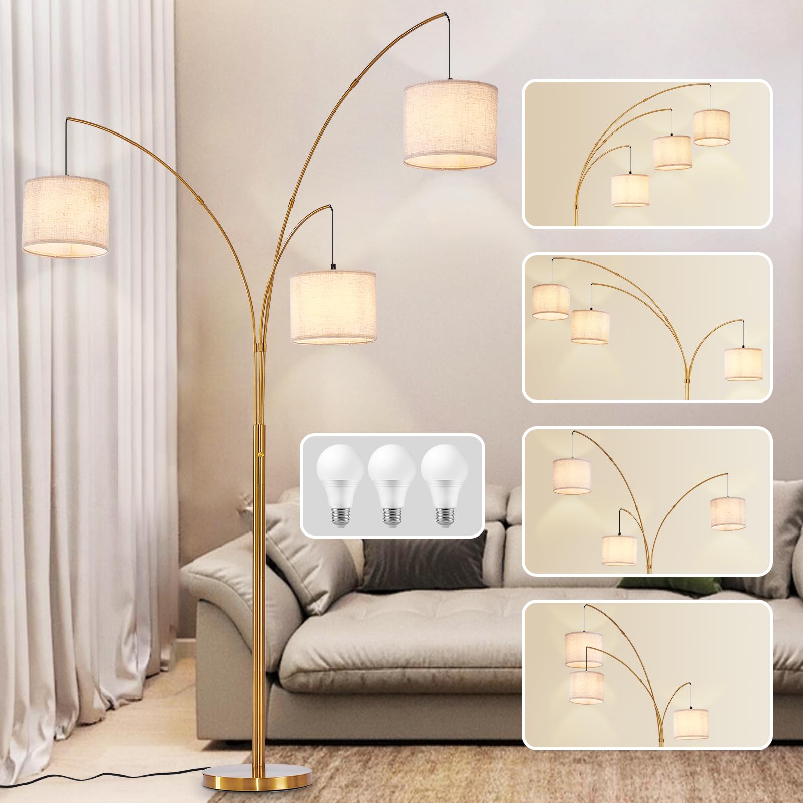 Dllt Modern Floor Lamp For Room: 3-Light Gold Tree Dimmable Floor Lamps With Beige Shades For Living Room - Arc Standing Lamp Fo