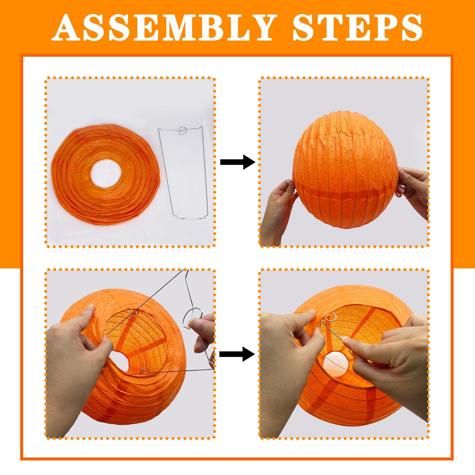 Peywot 12Pcs Round Paper Lanterns, Assorted Sizes (6in 8in 10in 12in), Orange, Paper, Model ST-DL-Par12 for Home and