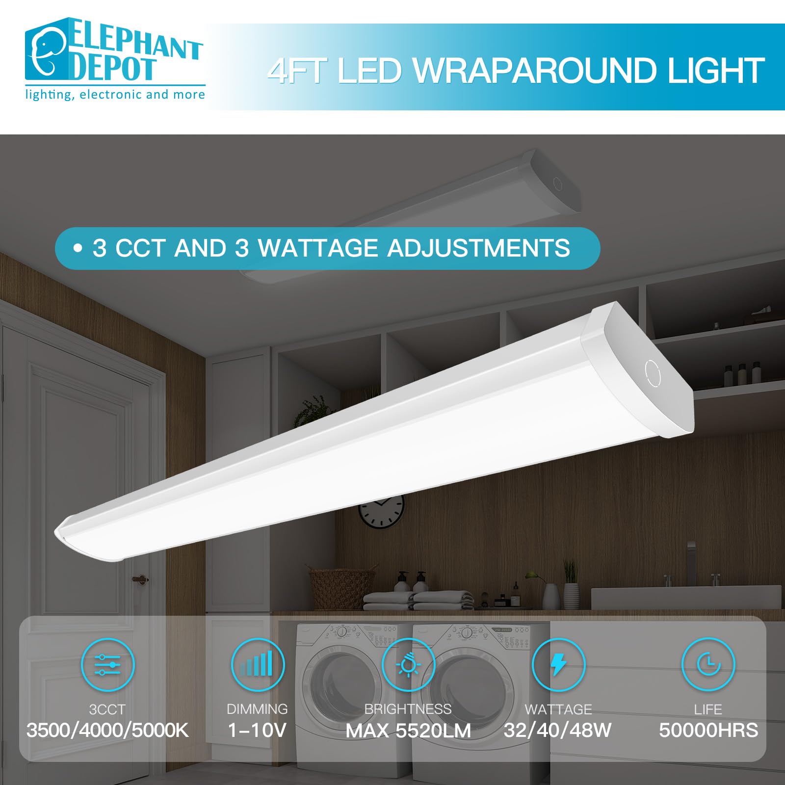 Elephant Depot 4 Pack 4Ft Led Wraparound Light, 48 Inch Garage Ceiling Lights, 32/40/48W,5520Lm, 3500/4000/5000K, 4Ft Led Light