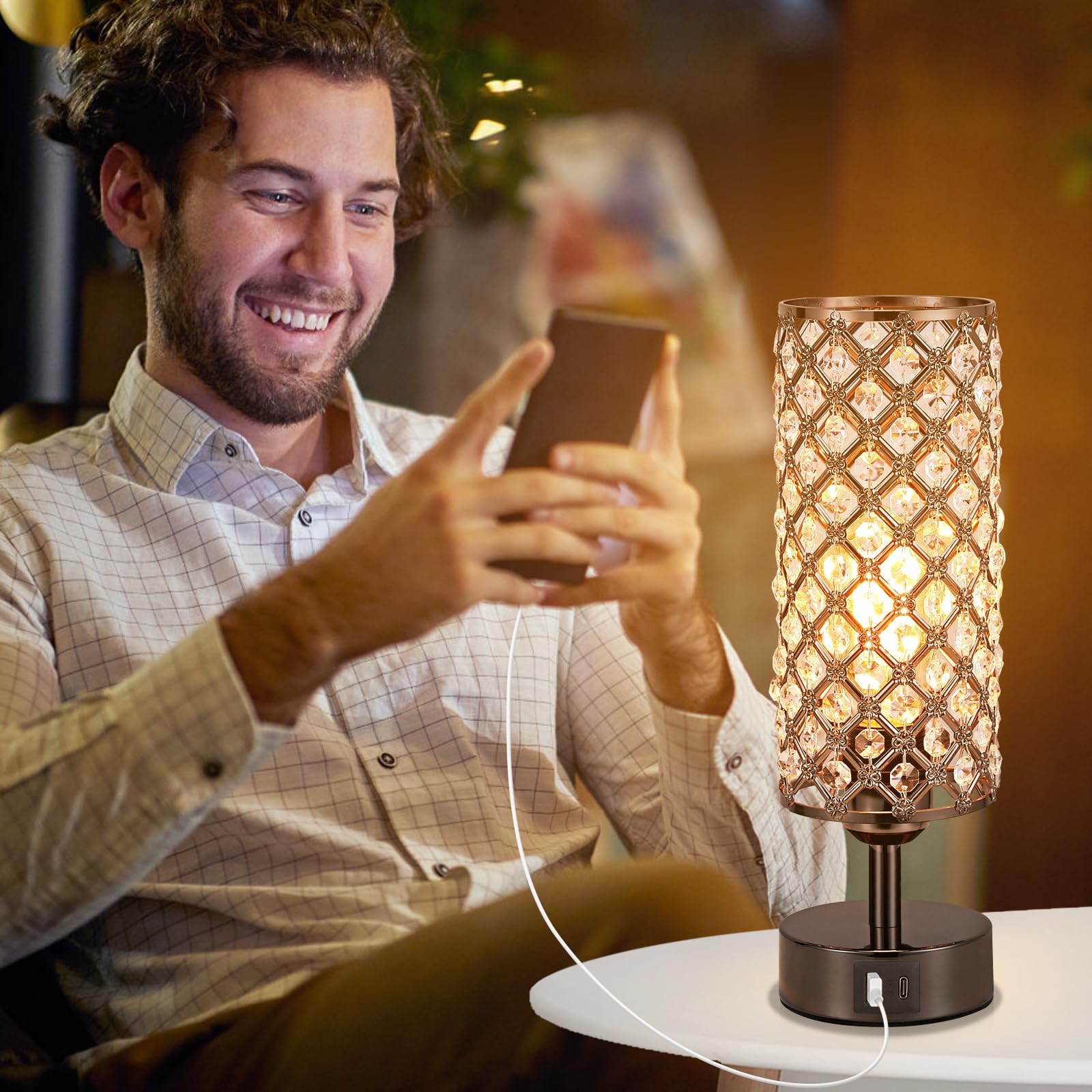 Hong-In Crystal Table Lamp, Black Crystal Lamp With Usb C+A Ports, 3 Way Dimmable Light With Crystal Lampshade, Bedside Lamp Sma