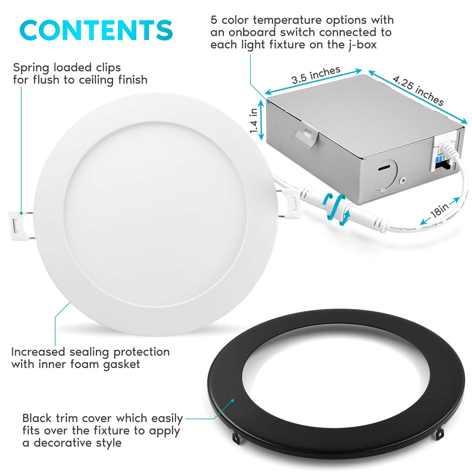 Luxrite 6 Inch Ultra Thin Led Recessed Light With J-Box, 12W, 5 Color Options 2700K | 3000K | 3500K | 4000K | 5000K, Dimmable Wafer Light, 1000 Lumens, Black Trim, Energy Star, Ic Rated
