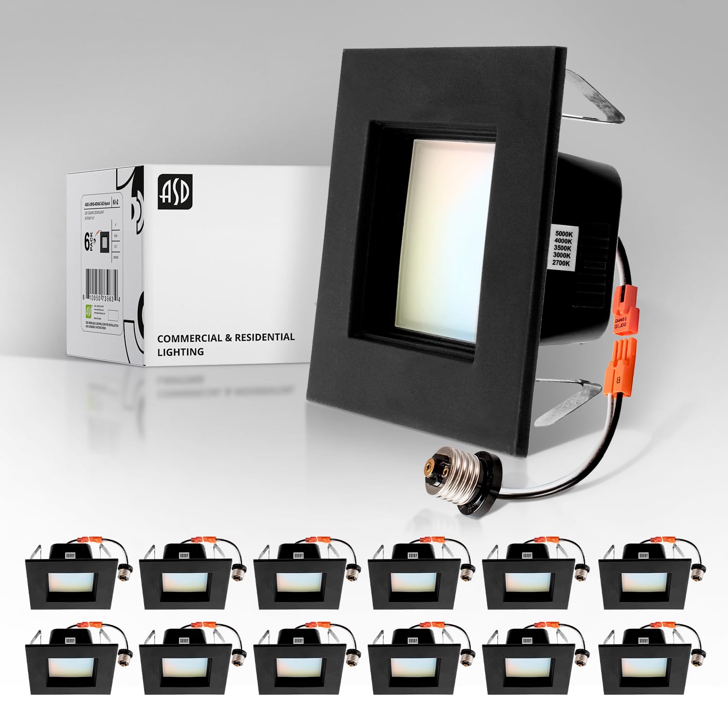 ASD Black 4 inch Recessed Lighting LED Square Retrofit Kit 8.6W 709Lm Color Selectable 5 CCT 2700K/3000K/3500K/4000K/5000K Adjus