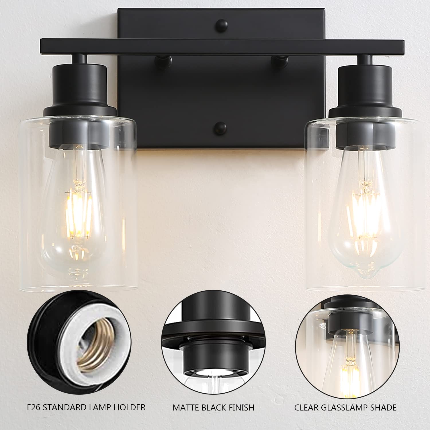Filimitiy Bathroom Vanity Light Fixtures, 2-Light Matte Black Bathroom Lights, Wall Sconces With Clear Glass Shade For Hallway F