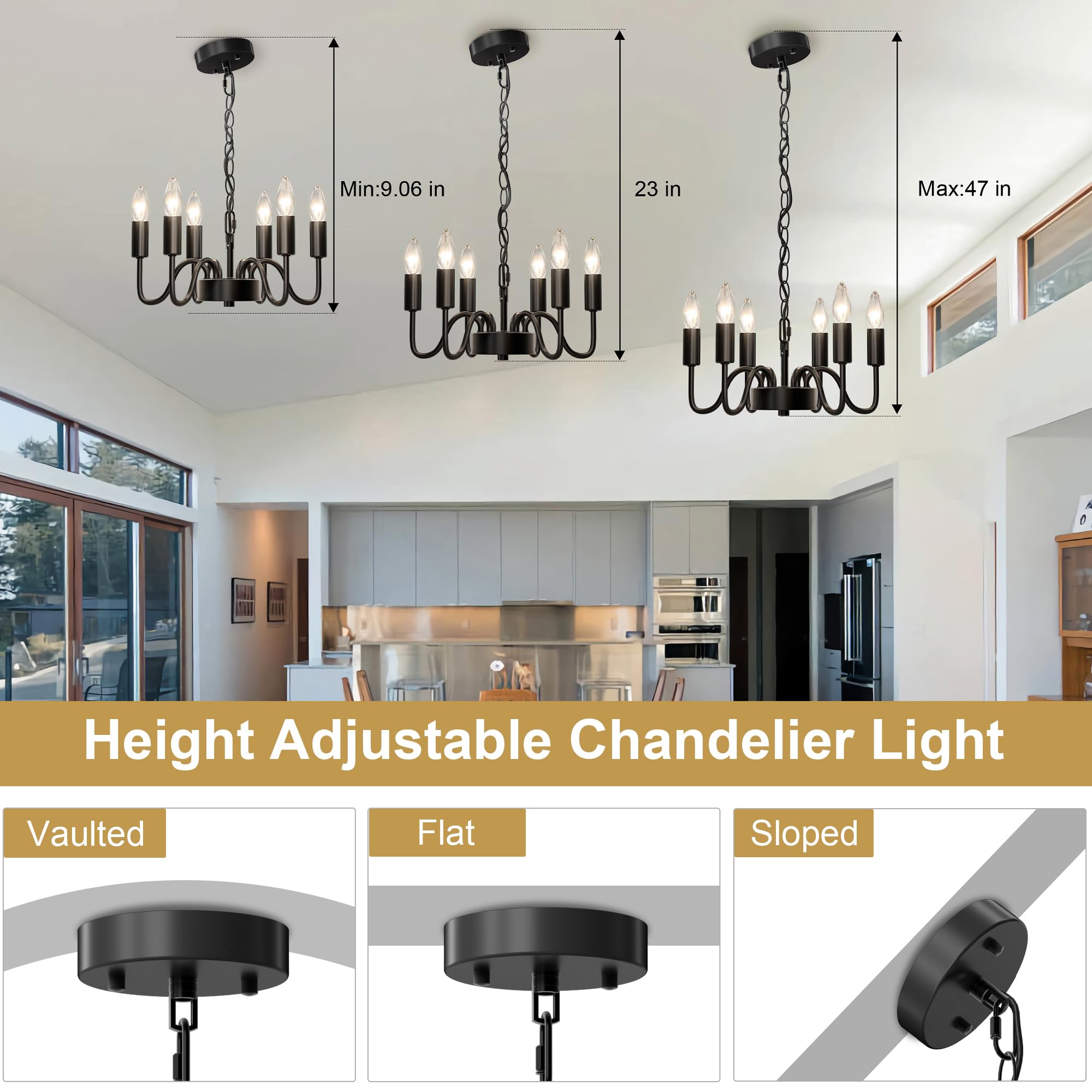 hansang Black 6-Light Farmhouse Chandelier, 47" Adjustable Rope Fixture, E12 Base, Modern Candle Design for Dining Room or Bedroom