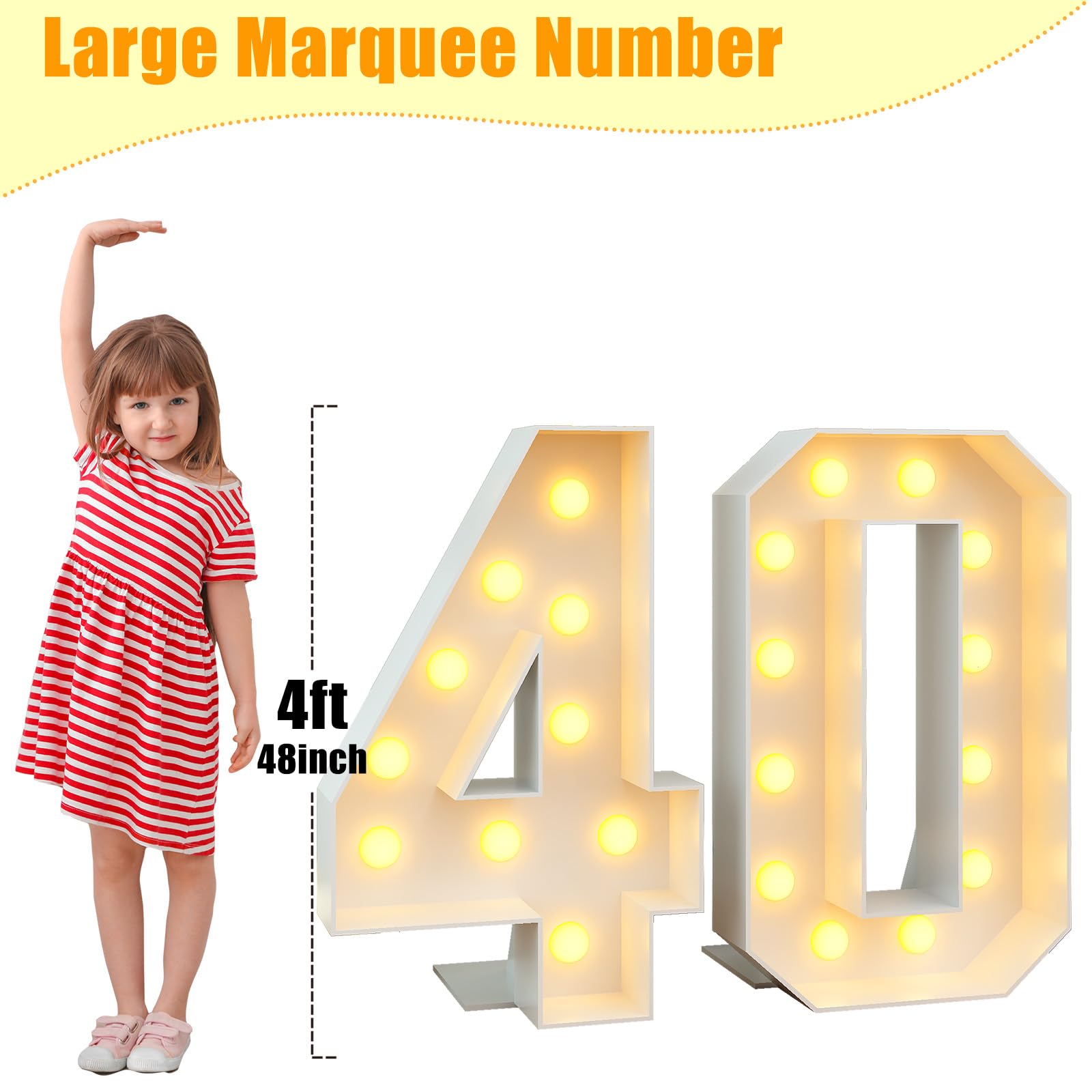 4Ft Light Up Numbers 40 Large Numbers With Lights Bulbs White Marquee Frame For Men Women 40Th Birthday Party Decorations Anniversary Pre-Cut Mosaic Cardboard Giant Cut-Out Thick Foam Board Sign