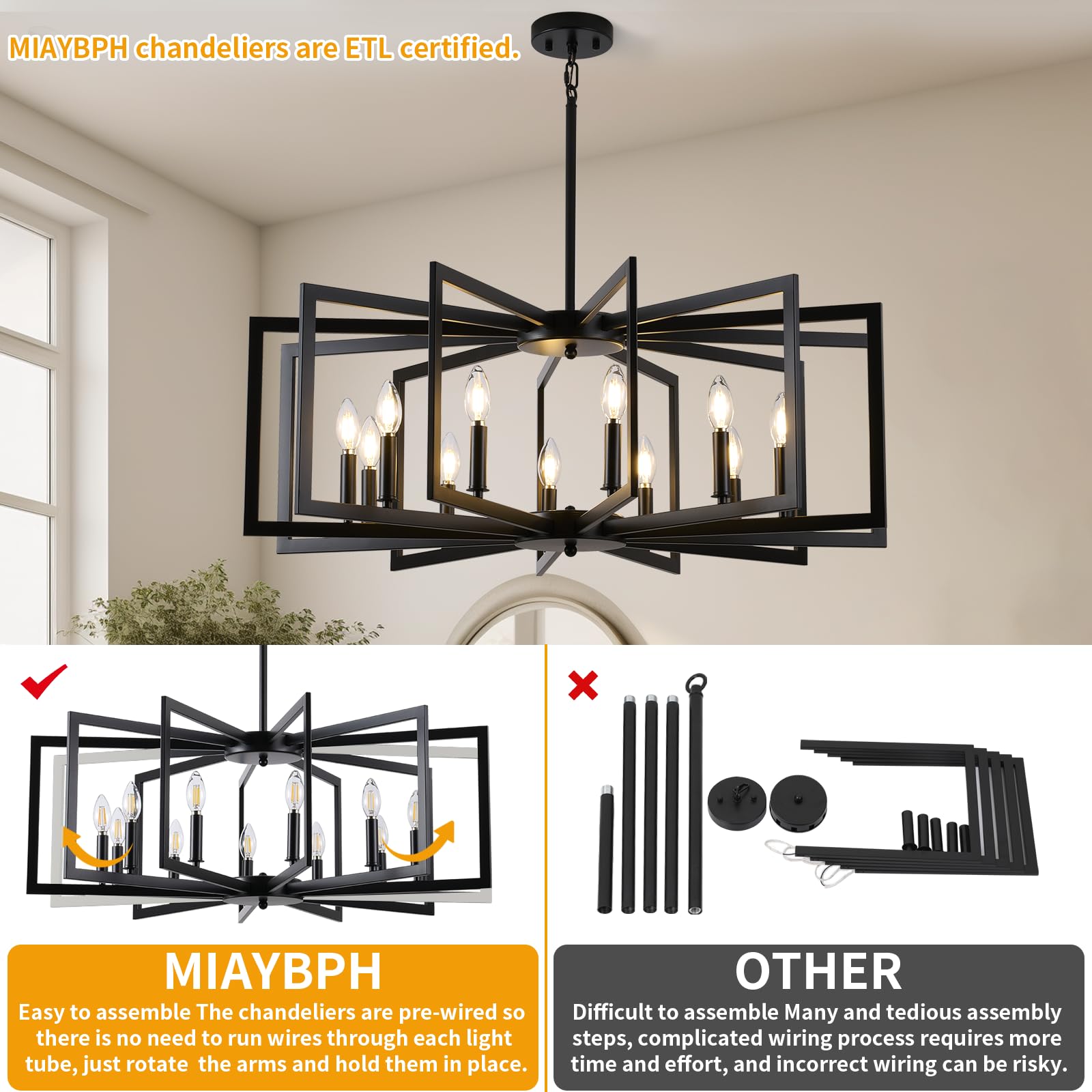 MIAYBPH Black Chandelier, 12-Light Modern Industrial Light Fixture for Dining Room, Living Room, Farmhouse, Model W-P9080-12
