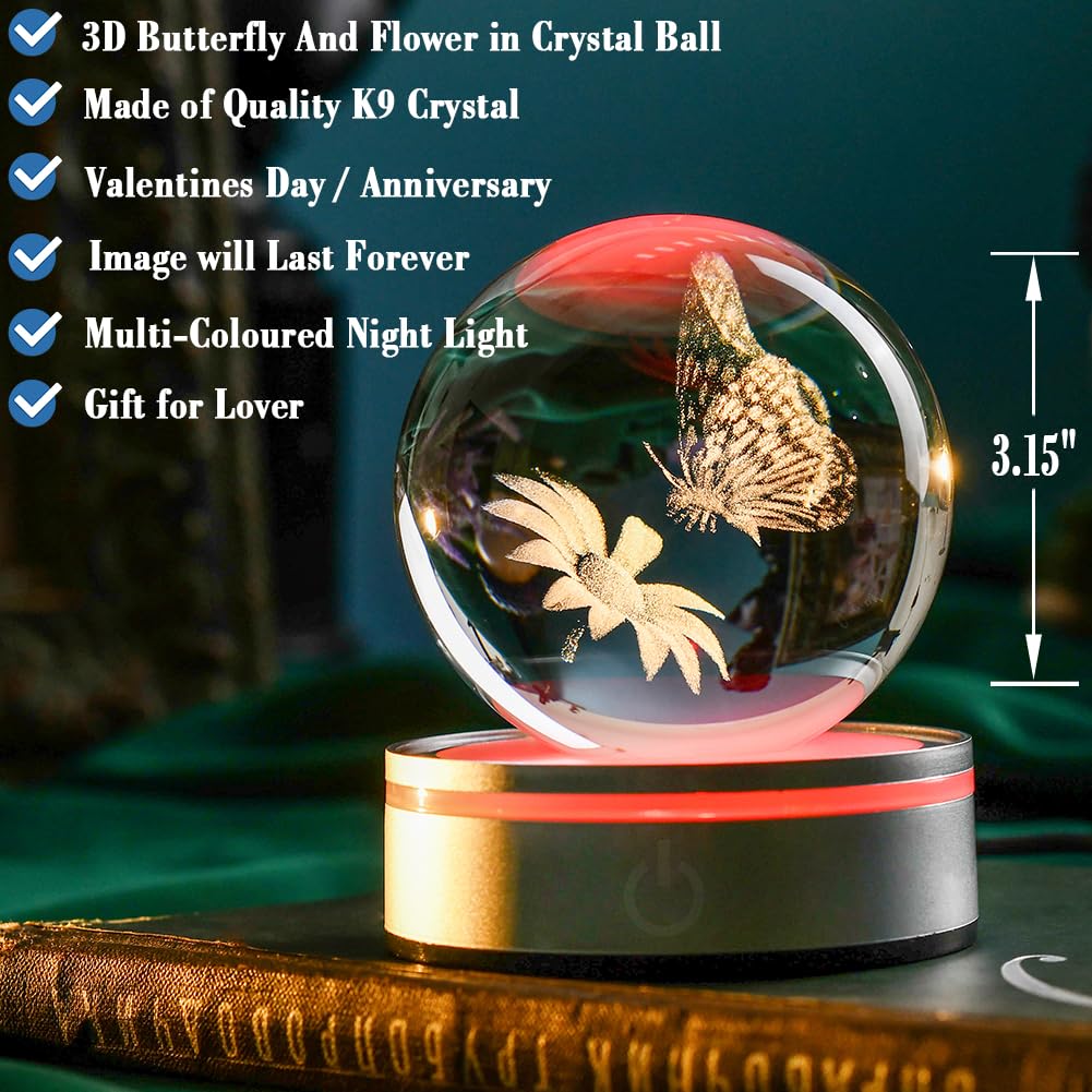 Ifolaina 3D Butterfly Crystal Ball Etched Butterfly Decor Night Light For Home Decor Butterfly Figurine Gift For Women Butterfly Lamp For Bedroom Unique Butterfly Gifts For Her