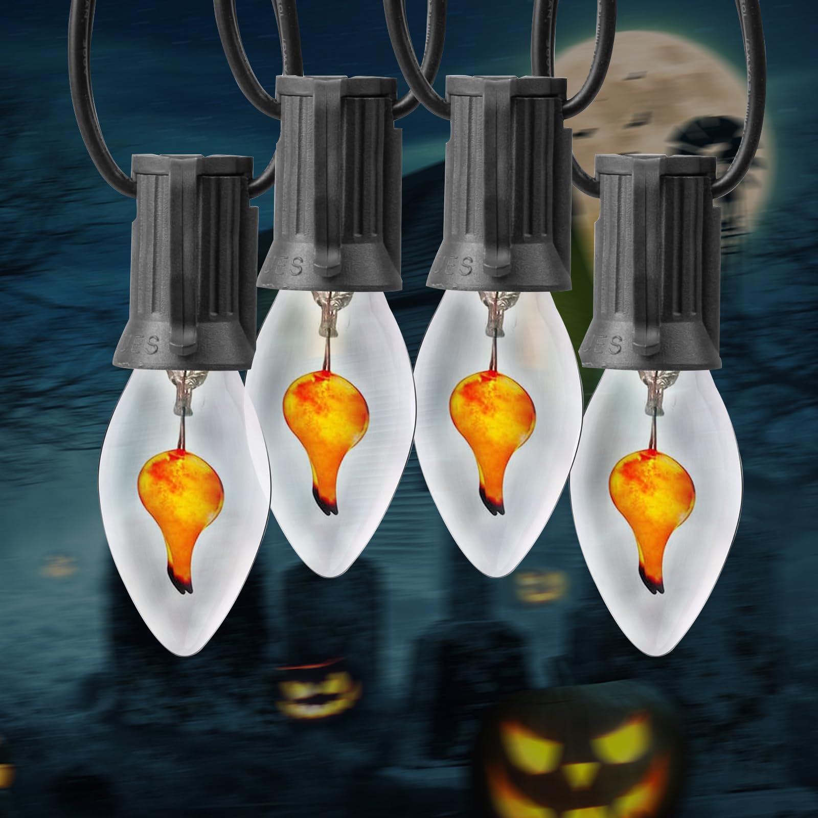 Flickering Flame String Lights, 25Ft C7 Halloween String Light with 27 Flicker Flame Lights Bulbs(2 Spare) for Outdoor Indoor Home Halloween Christmas Decorations, C7/E12 Candelabra Base- Black Wire