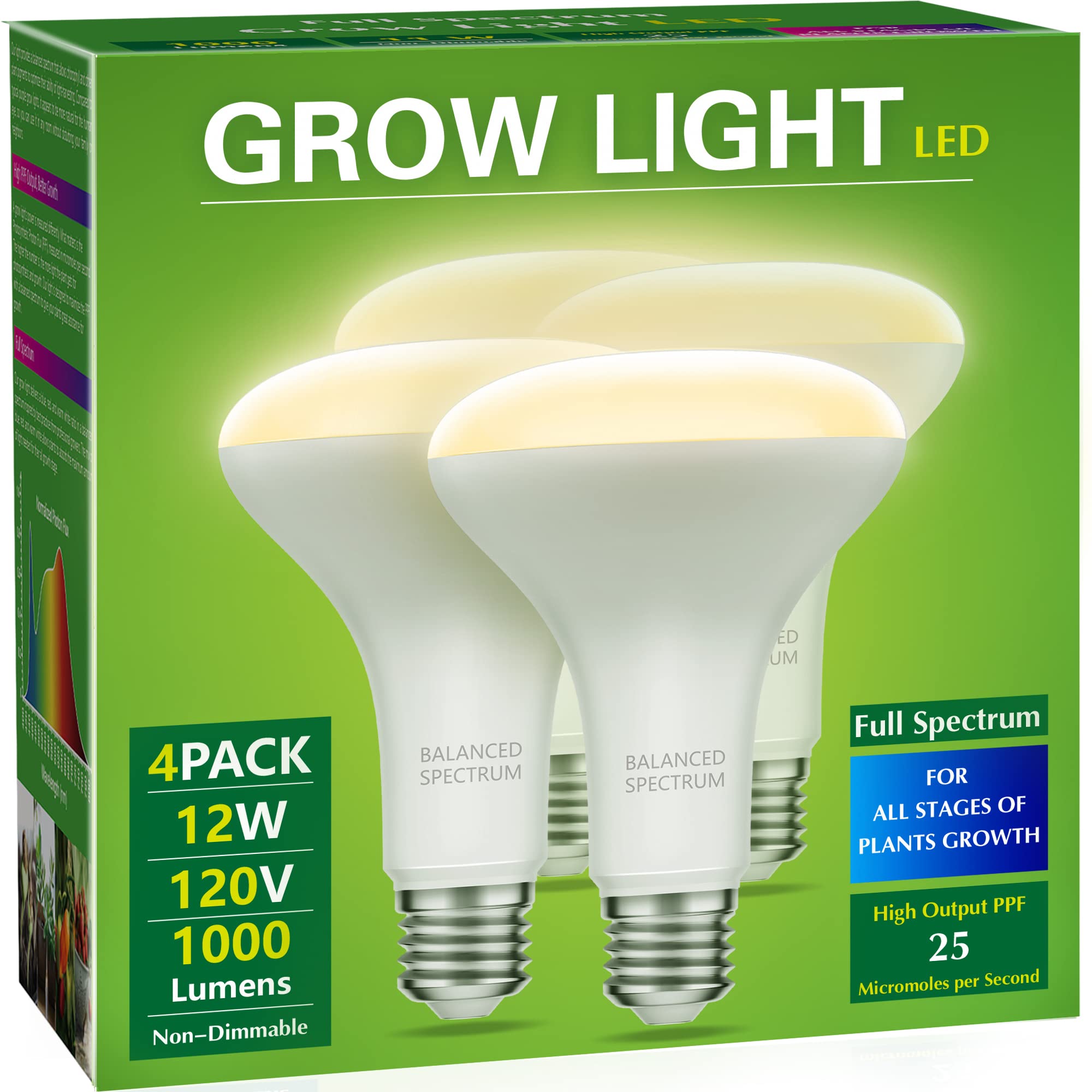 Briignite LED Grow Light Bulbs, Full Spectrum 12W, E26, 4 Pack, Plastic, BR30 for Indoor Plants and Hydroponics