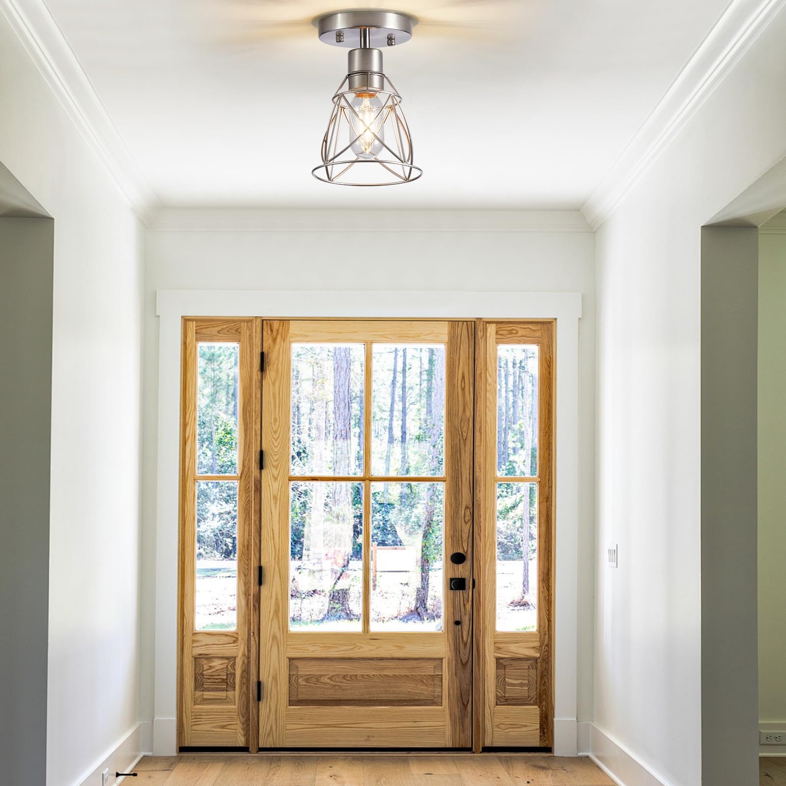 Hdasic 1 Light Semi Flush Mount Ceiling Light Fixture, Rustic Modern Framhouse Brushed Nickel Kitchen Ceiling Light With Metal C