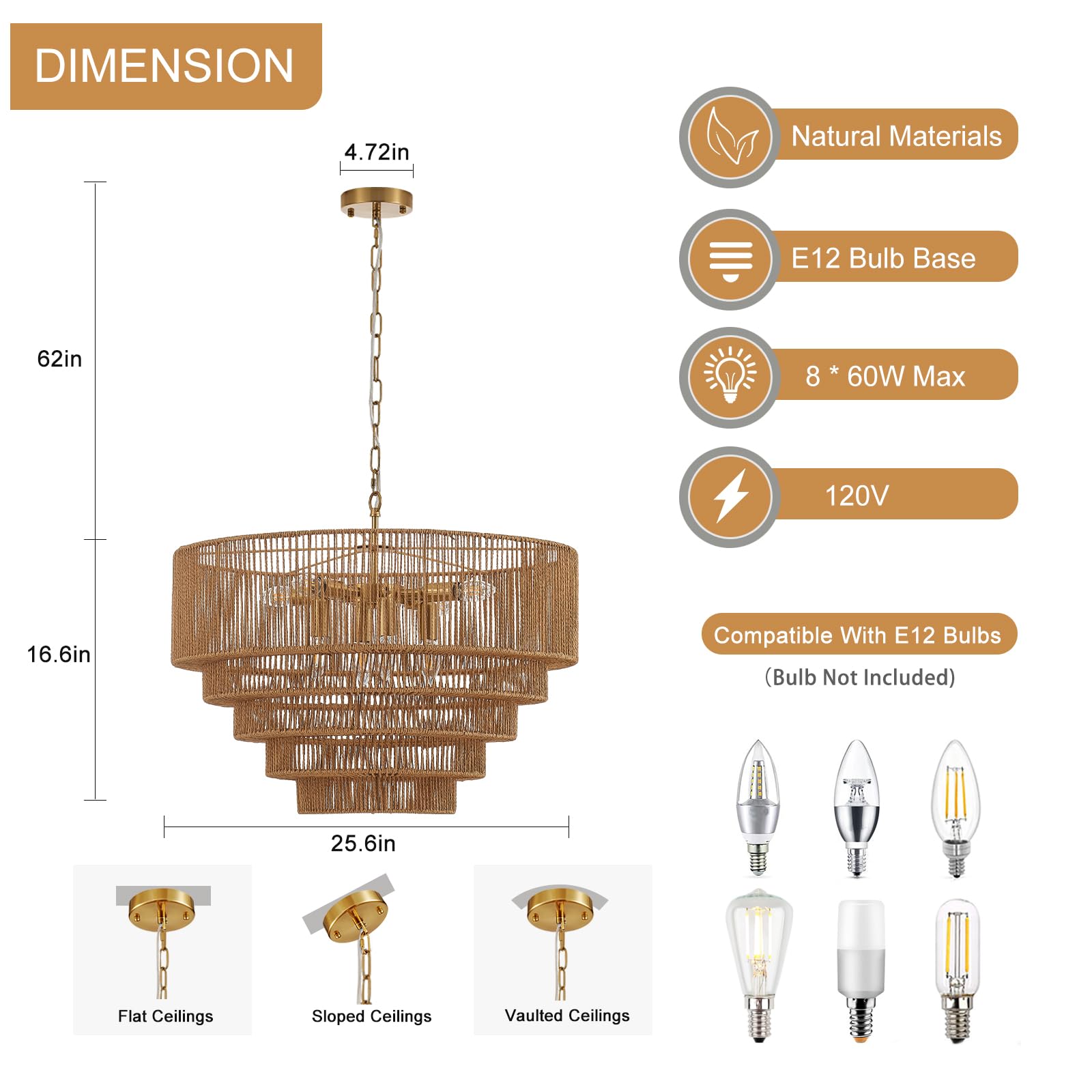 YOMECOO Rattan Chandelier 25.6" Vintage 8-Lights Farmhouse Light Fixture, Gold, Model MD208-8-Golden for Dining Room, Kitchen, Bedroom