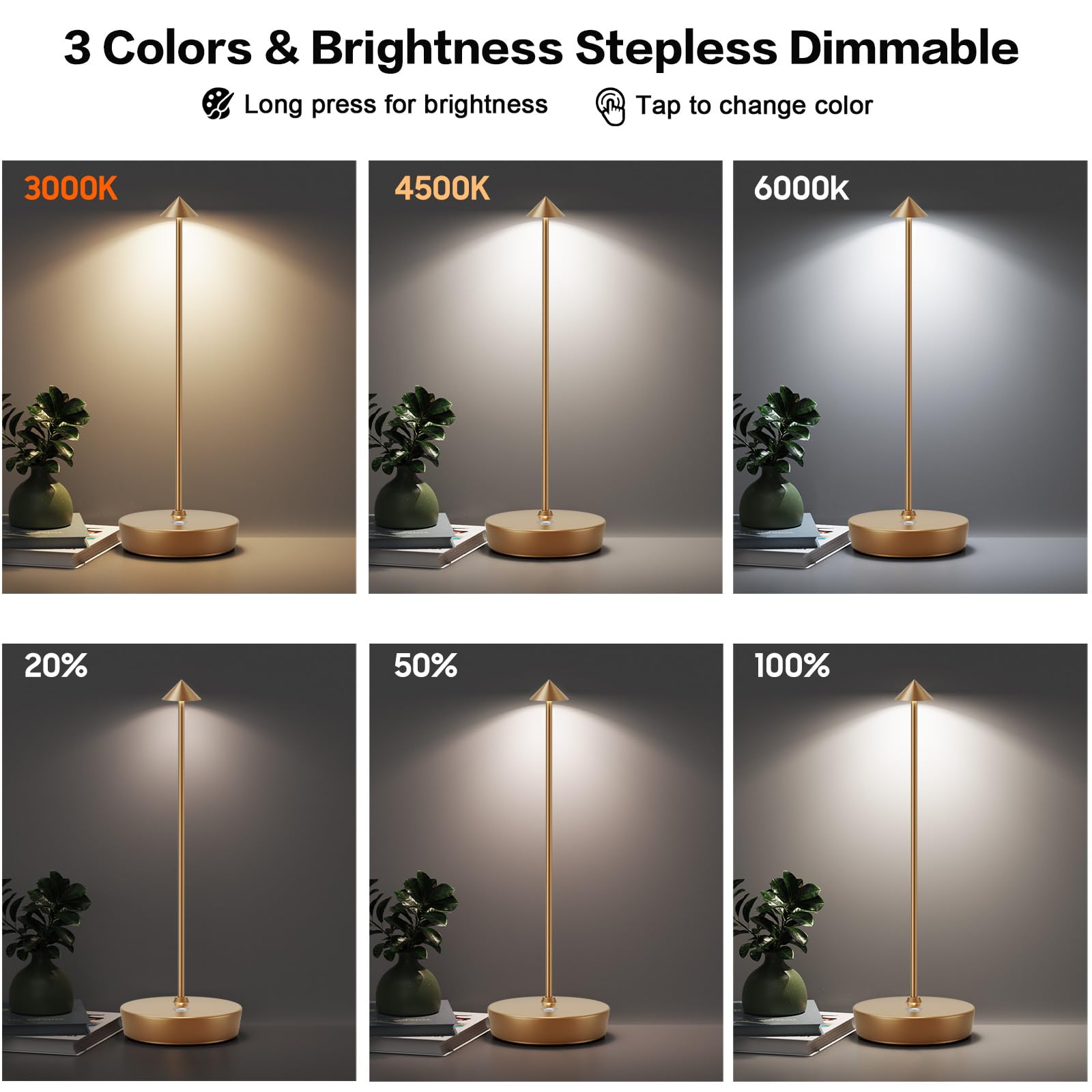 ZenithLight 2 Pack LED Cordless Table Lamp, 6000mAh Rechargeable Battery Operated Outdoor Waterproof Stepless Dimming Modern Por