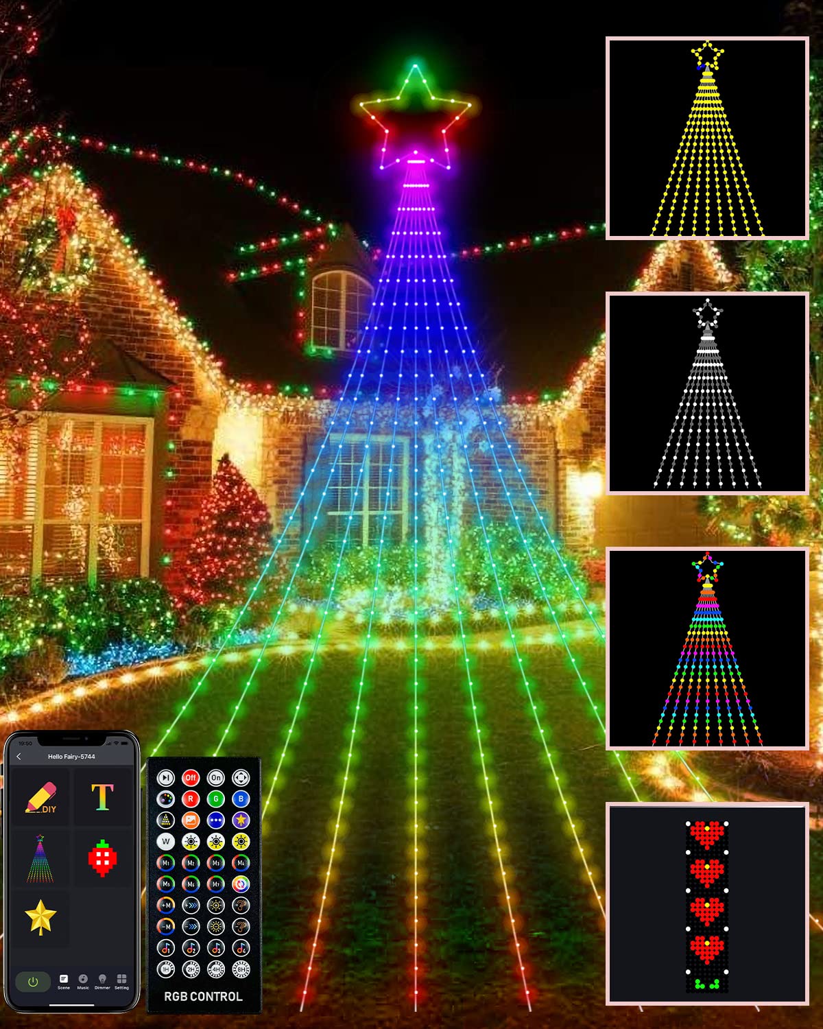 Outdoor Christmas Decorations Lights with Star, Smart DIY Custom Display 11.8Ft 100 Modes Yard Waterfall Tree String Lights, App