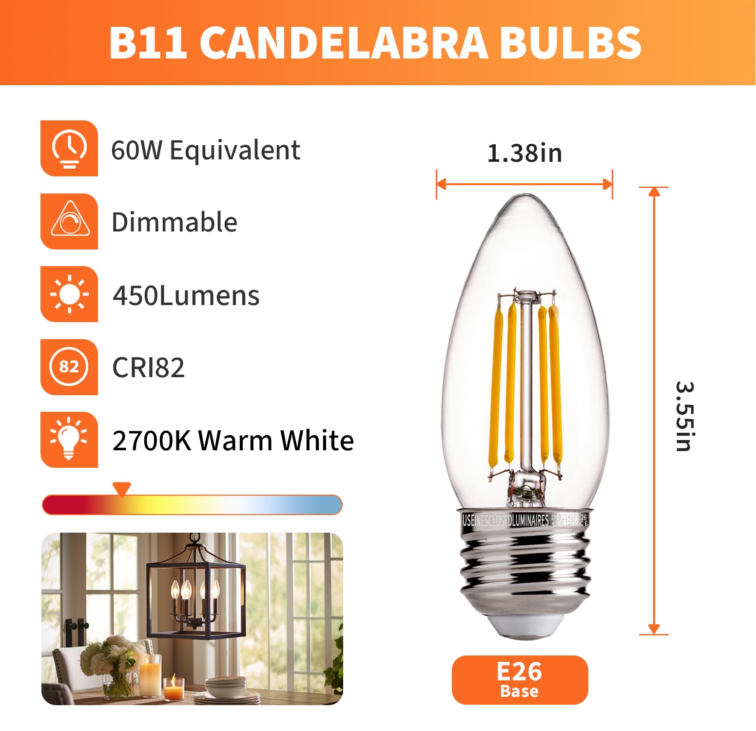 Alampever E26 Led Bulb 60 Watt, B11 Chandelier Light Bulbs, 2700K Soft White Candelabra Led Bulbs, 12 Pack Candle Light Bulbs
