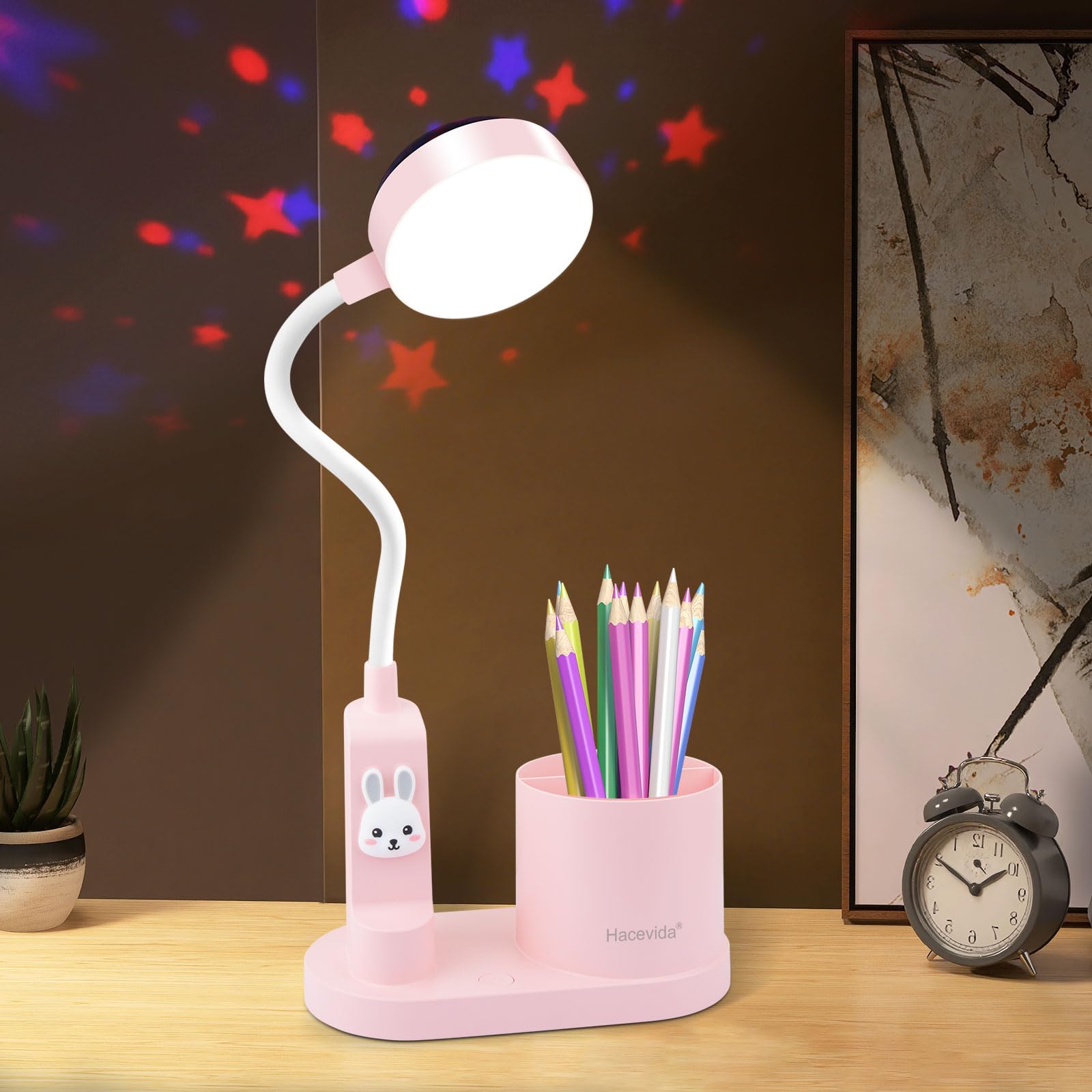 Hacevida LED Kids Desk Lamp, Small Cute Table Light with Pen Holder, Pink Bedside Gooseneck Lamp, Star Projector, Eye Caring, Re