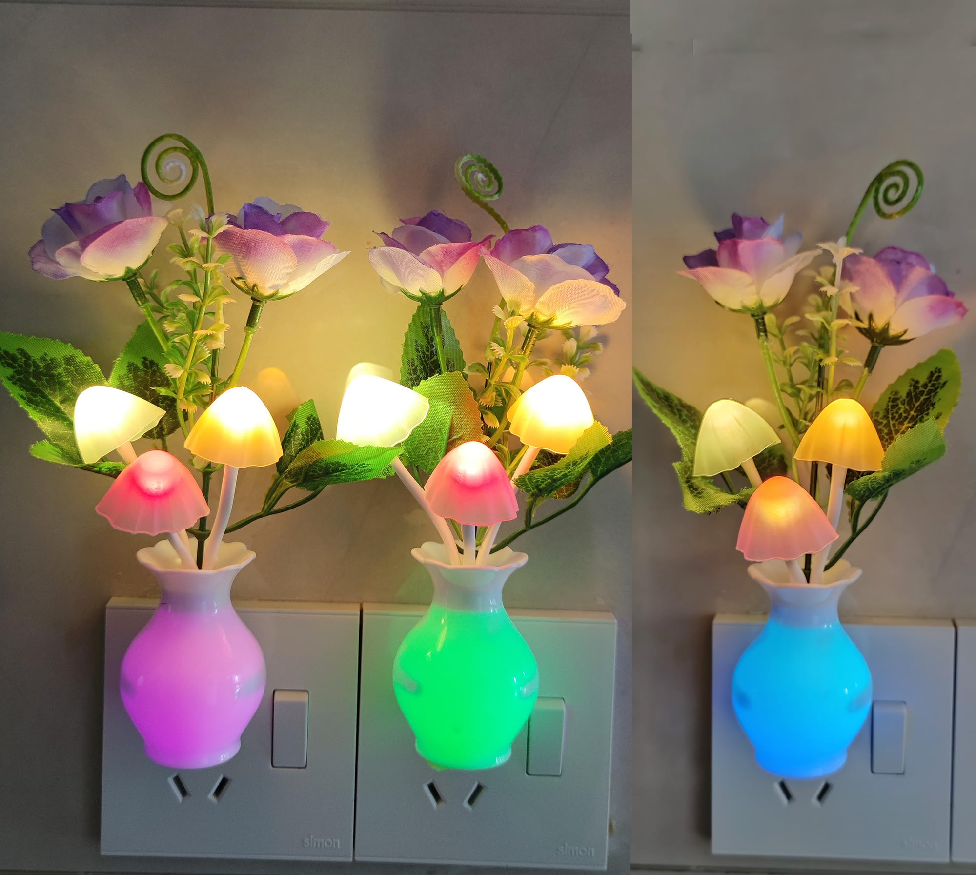 Ausaye 3Pack Sensor Night Lights Plug Into Wall Rose Flower Light, Led Lamp Dream Nightlight Mushroom Night Lights For Kids Adul