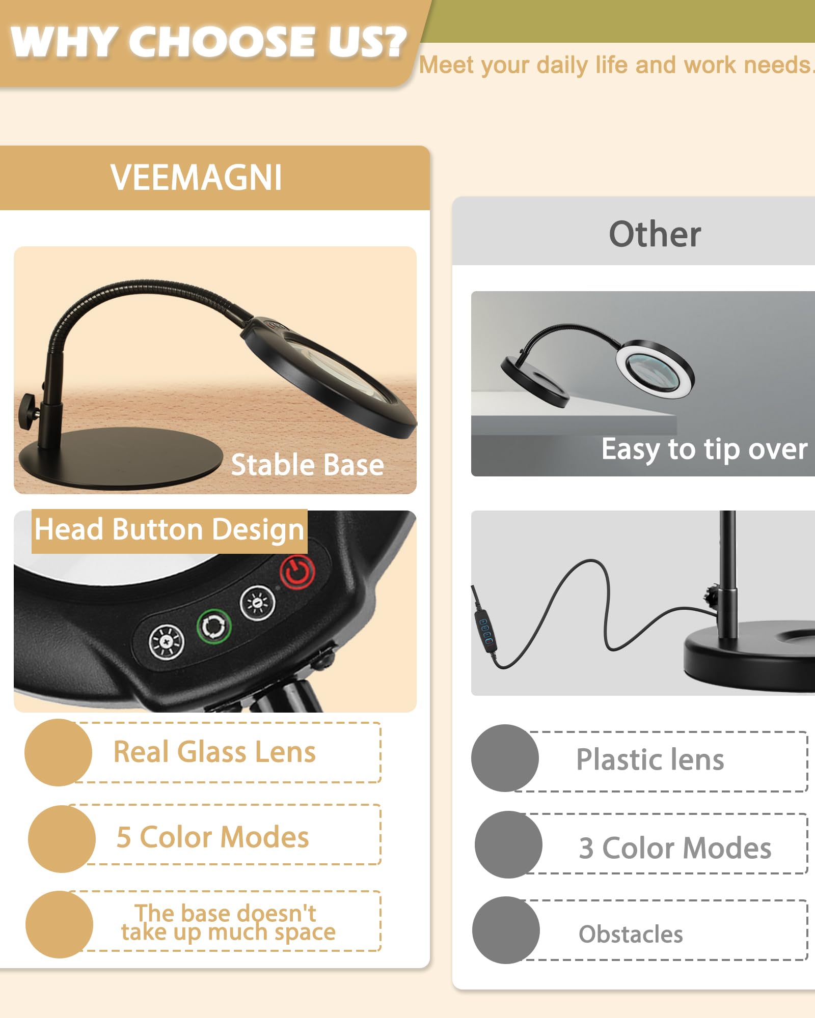 Veemagni 10X Magnifying Glass With Light, 5 Color Modes Stepless Dimmable Flexible Gooseneck Led Hands-Free Desk Lamp, Stand Lig