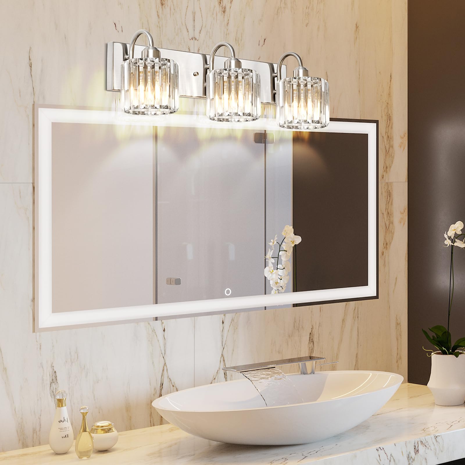 3-Light Brushed Nickel Vanity Light Fixtures For Bathroom Over Mirror