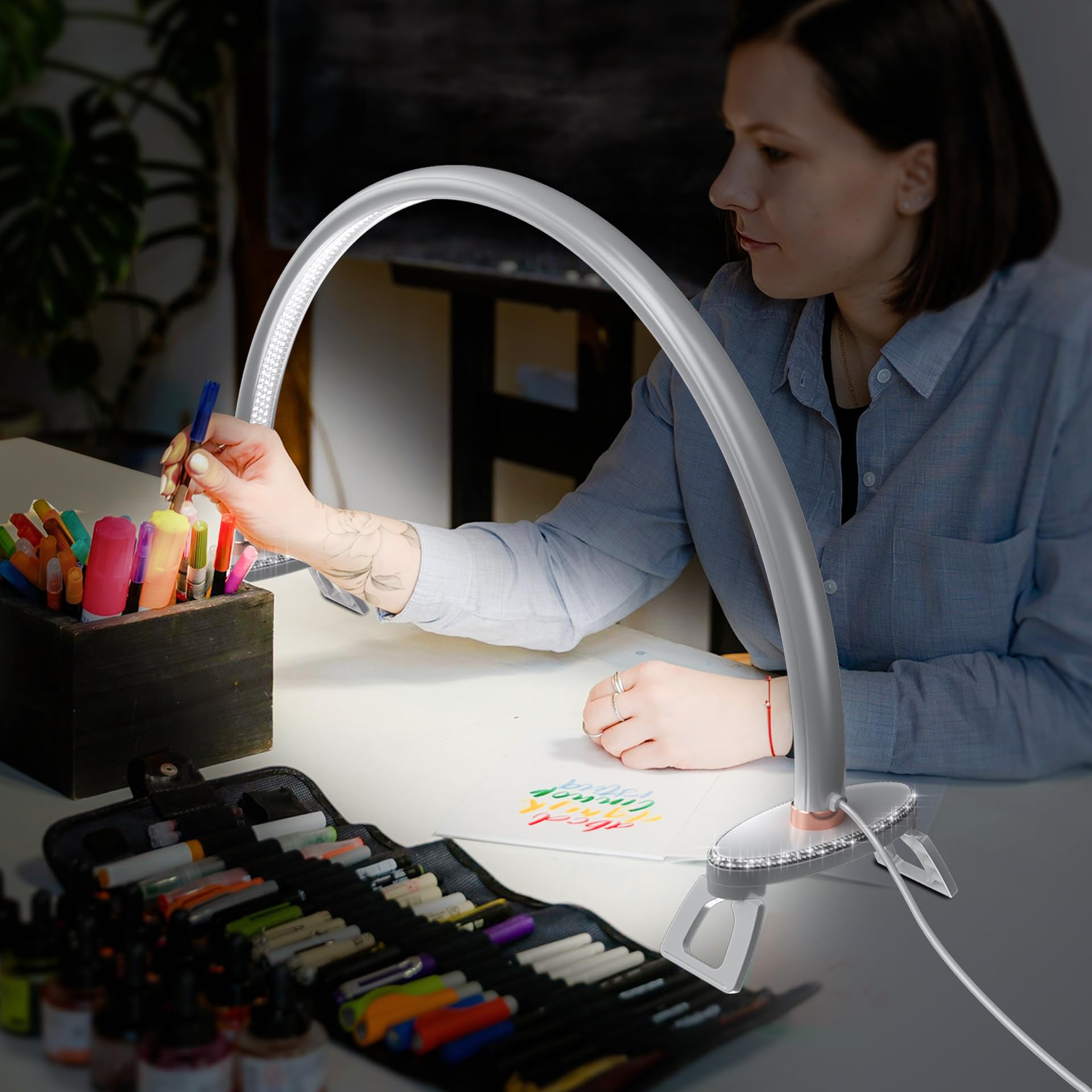 welltell Half Moon Light for Nail Desk, Brightness Adjustable, 24in White, Model HML-410-510-625