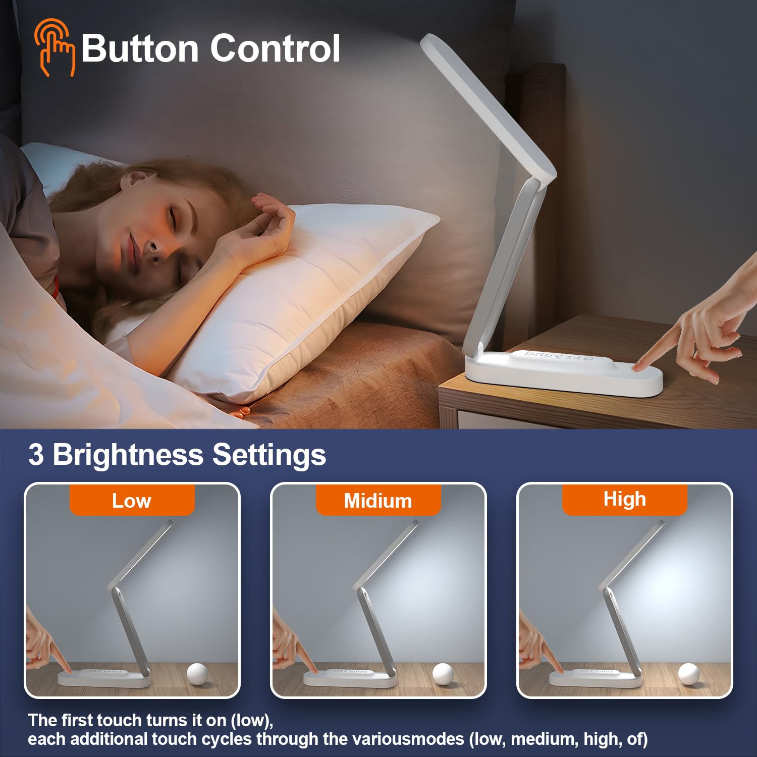 Giryuhd LED Desk Lamp - Rechargeable, Foldable, Portable, 3 Brightness Levels, White, Model A211