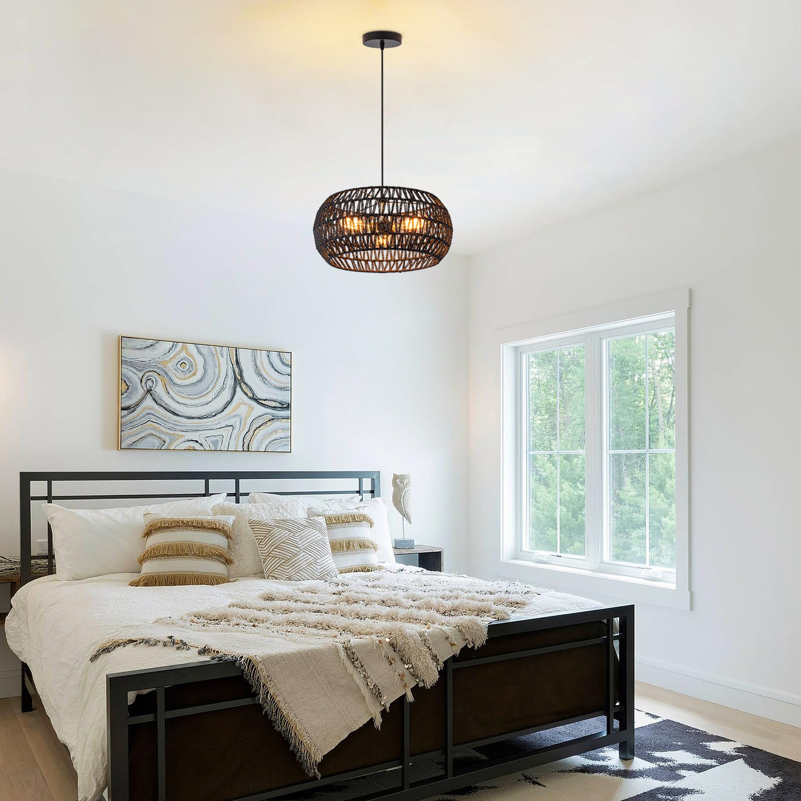 Black Boho Hanging Light Fixture Rattan Chandeliers Drum Pendant Lights For Dinning Room Wicker Chandelier Ceiling Hanging Light