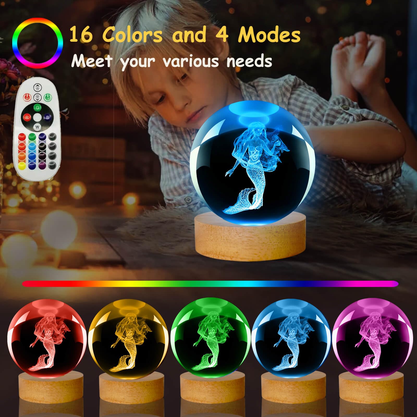 LINSINA Mermaid Lamp - 16 Colors Crystal Ball Night Light with Remote Control, 3.15in, Perfect Birthday Gift for Kids and Adults