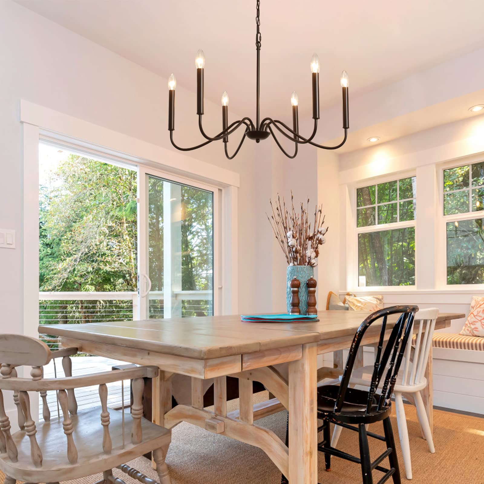 Generies Black Farmhouse Chandelier 6 Lights,Modern Industrial Iron Pendant Lighting, Classic Rustic Candle Ceiling Light Fixtur