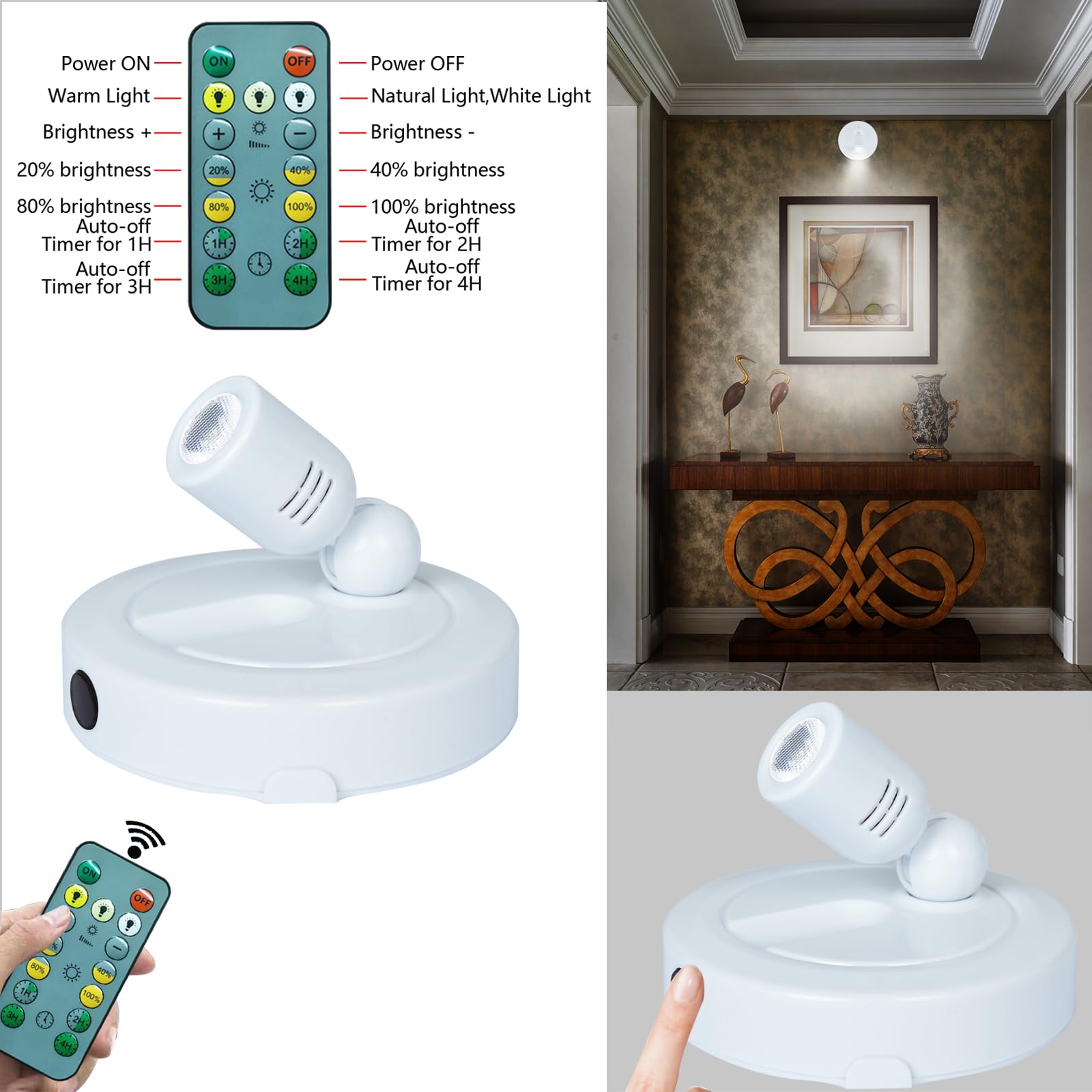 Bergustch Picture Light Battery Operated, 3 Color Temperatures Picture Light With Remote, Indoor Led Spot Lights For Plants For