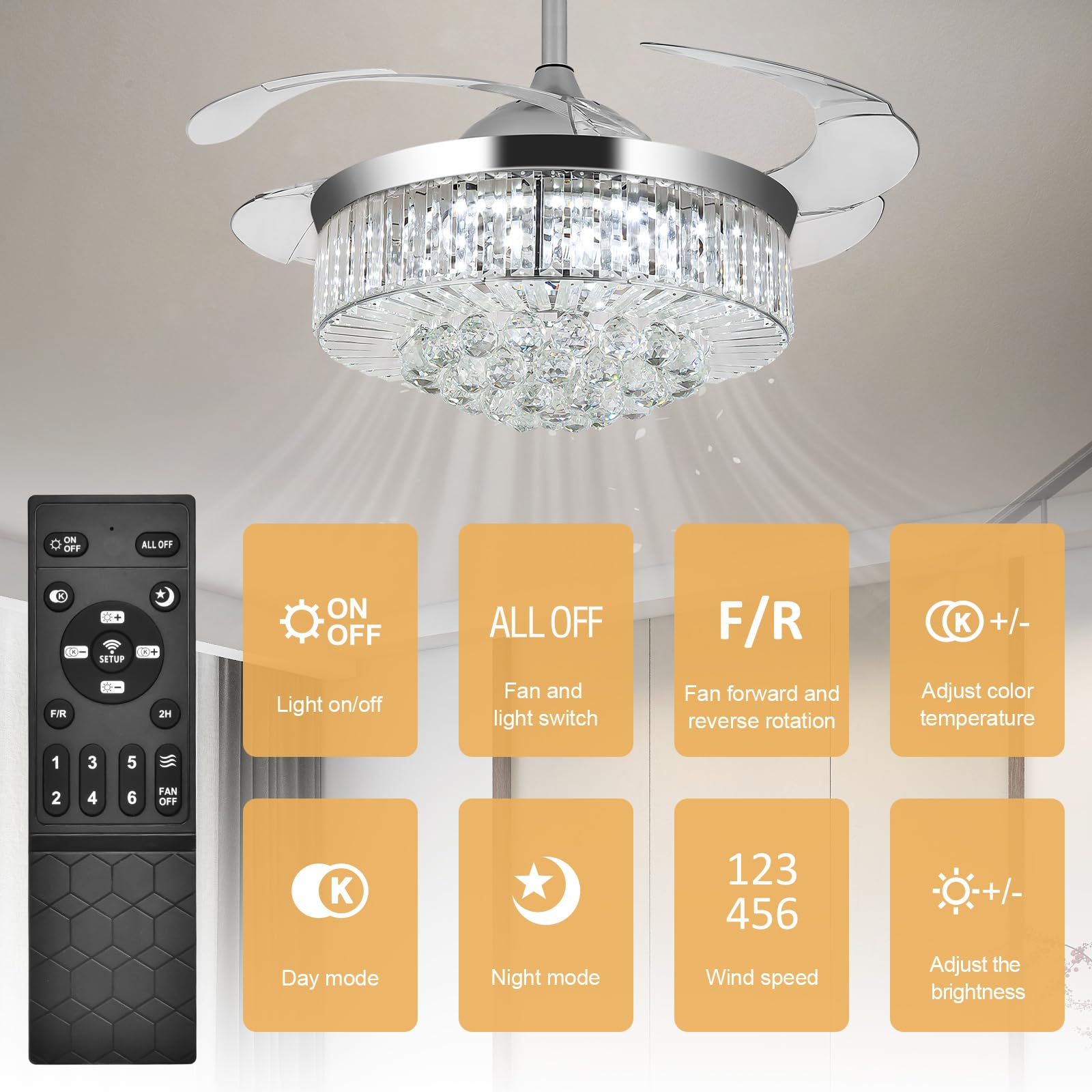 Bavnnro 36" Silver Retractable Fandelier Ceiling Fan with Light, Remote Control, Dimmable - Ideal for Dining Room, Bedroom