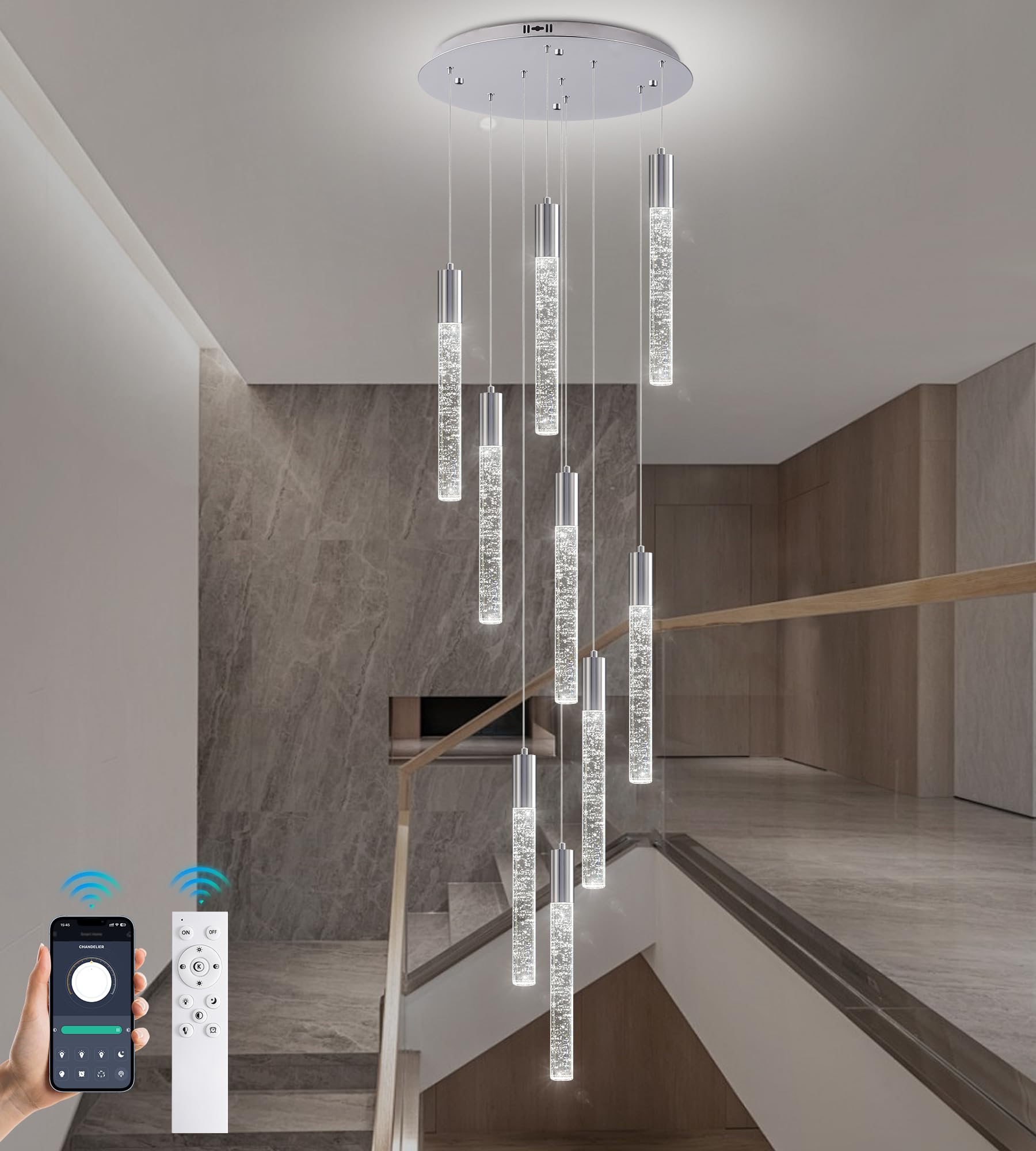 Upfelw High Ceiling Crystal Chandelier 9-Lights  Spiral Dimmable LED Raindrop Foyer Pendant Light  Bubble Staircase Living Room Hanging Lighting Fixture Chrome