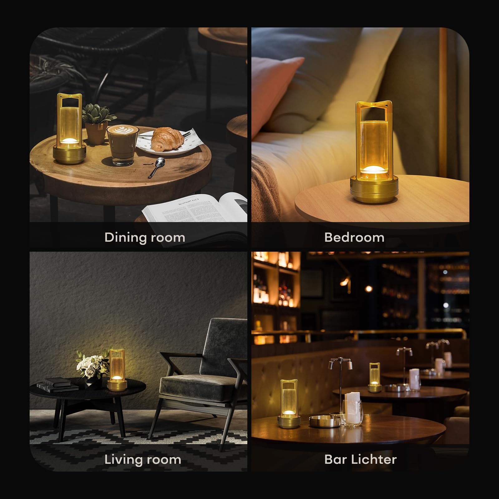 HAPYGI Portable Metal Table Lamp, Rechargeable LED, 3-Colour Dimming, 3.54x3.54x7.08in, Gold Set of 2