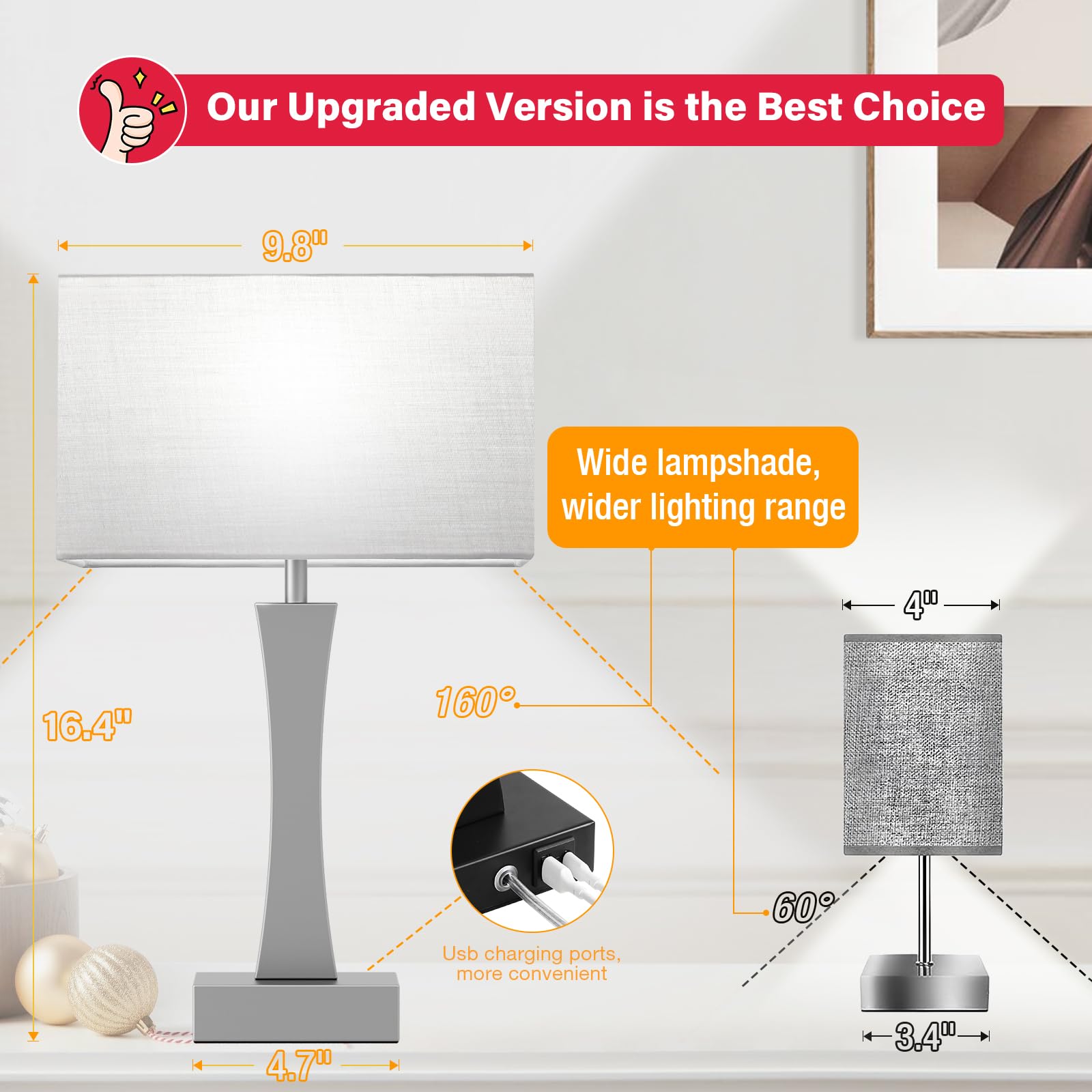 Seealle Bedside Lamps Set of 2 - 3 Way Dimmable Touch Table Lamps with USB Ports, Grey, Metal, Model jinshumian3 7