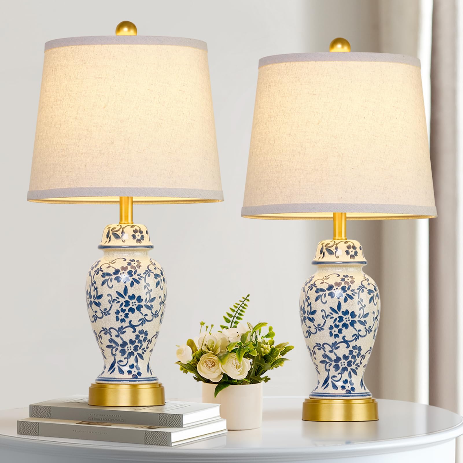RORIANO Chinoiserie Ceramic Table Lamps Set of 2 for Living Room Bedroom Bedside, Traditional Blue and White Porcelain Classic T