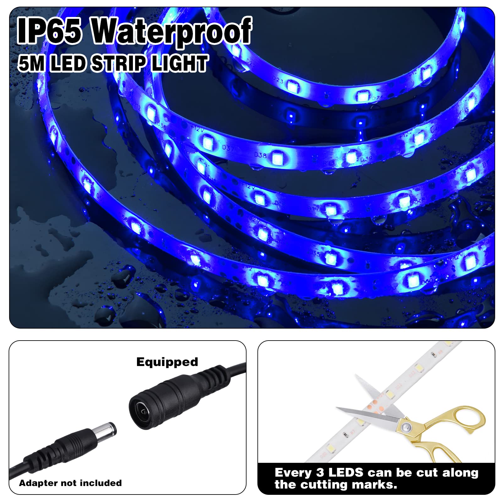 iNextStation 12V LED Light Strip 16.4ft IP65 Waterproof Blue 300 SMD 2835 Flexible Vinyl Tape