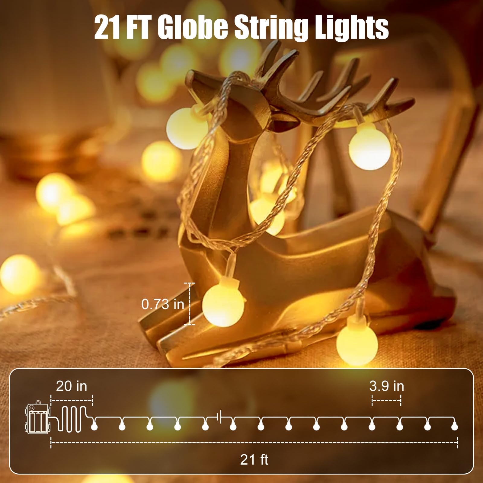 Minetom 2 Pack Globe String Lights - 21ft 60 LED Warm White Battery Operated Fairy Lights with Remote for Indoor/Outdoor Decor